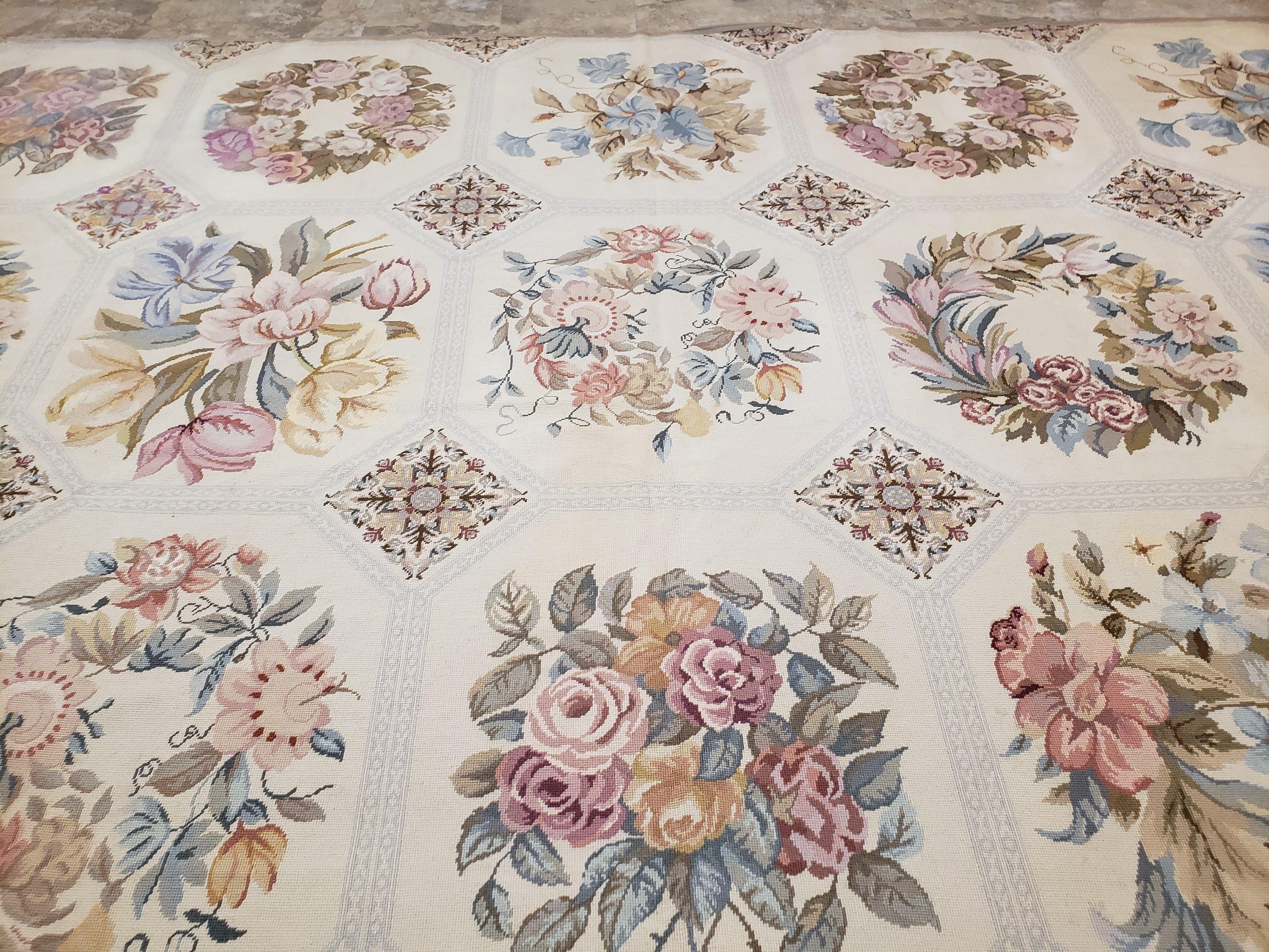Needlepoint Rug 10x13 Vintage Carpet, Floral Panel Design, Beige, Multicolor Flowers, Handmade Hand Woven, Flatweave, No Pile, Wool - Jewel Rugs