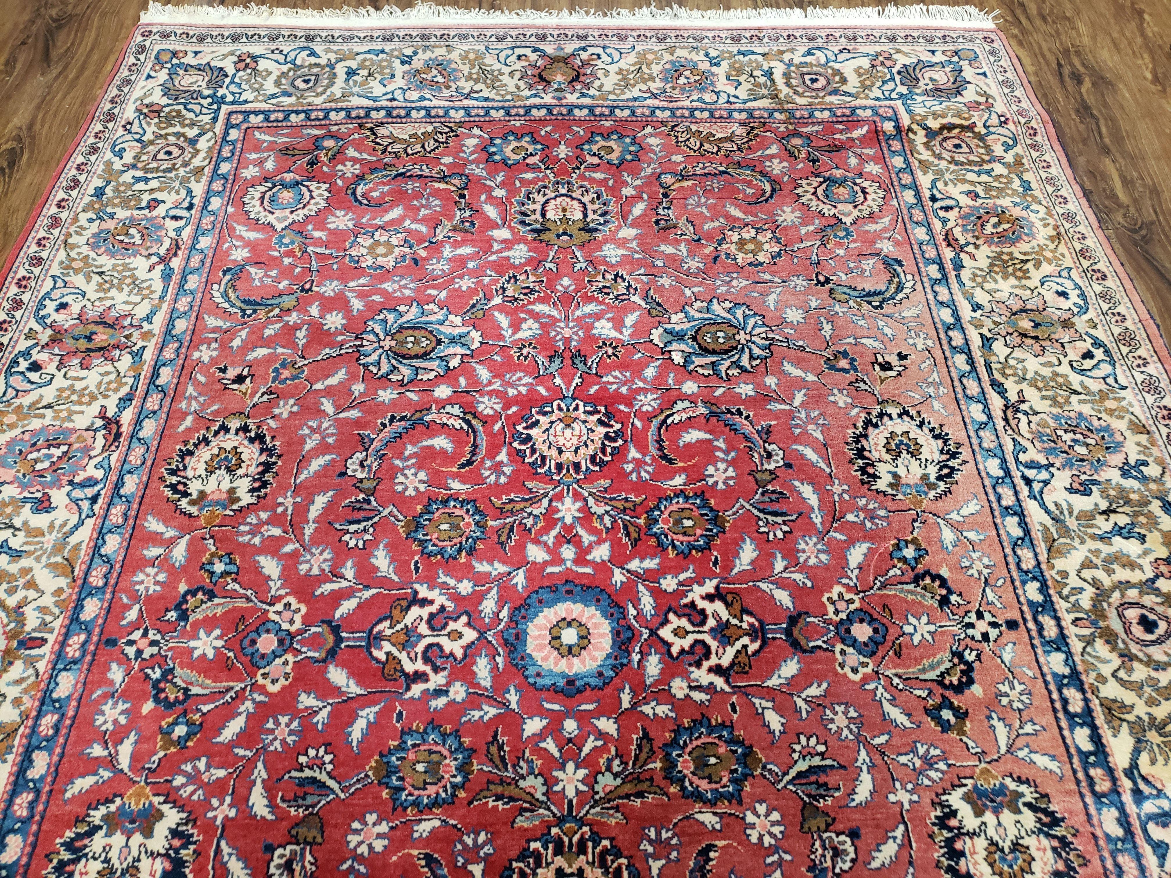 Semi Antique Persian Kashan Rug, Red & Beige, Hand-Knotted, Wool, 4'7" x 6' 6", Pair B - Jewel Rugs