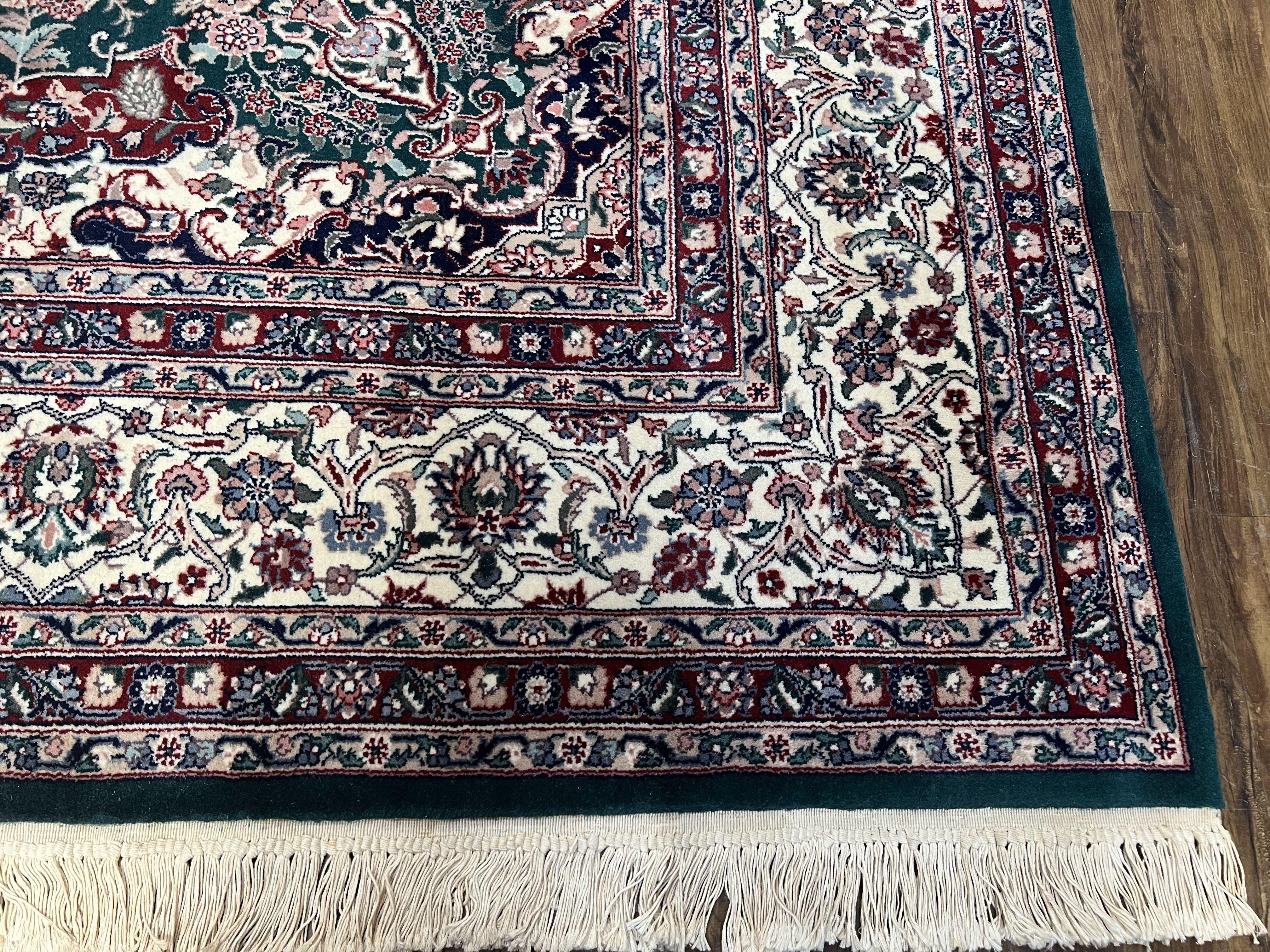 Indo Persian Rug 8x10 Area Rug, Vintage Rug 8 x 10 Oriental Carpet Hand-Knotted Room Sized Wool Rug Green and Ivory Allover Floral Medallion - Jewel Rugs