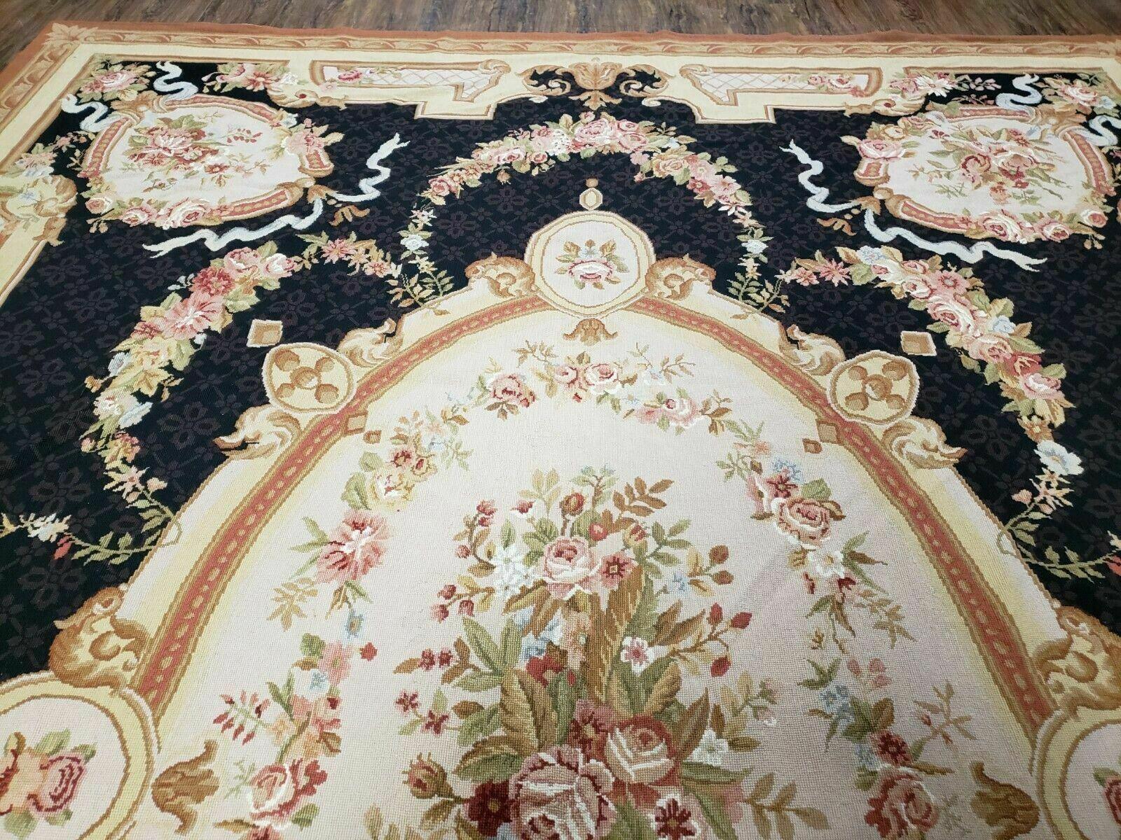 9' X 12' Handmade French Aubusson Savonnerie Needlepoint Rug Black Beige Nice - Jewel Rugs