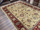 Indo Persian Mahal Rug 8x12, Wool Hand Knotted Oriental Carpet, Light Gold and Burgundy, Floral Allover, Vintage Room Sized Area Rug 8 x 12 - Jewel Rugs