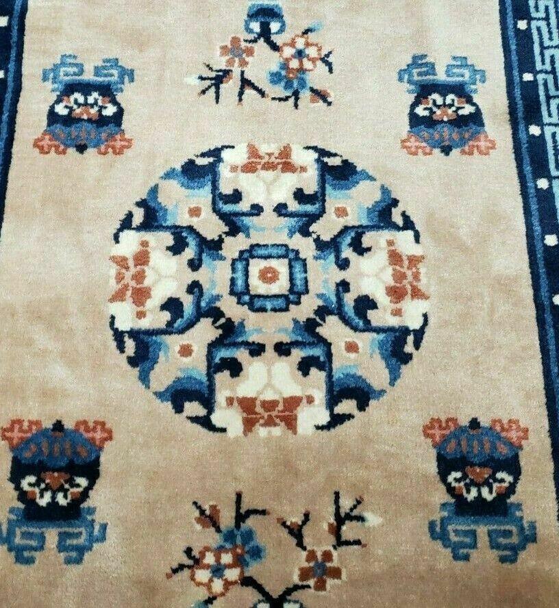 3' X 5' 8" Handmade Art Deco Chinese Wool Rug Peking Blue and Beige Carpet - Jewel Rugs