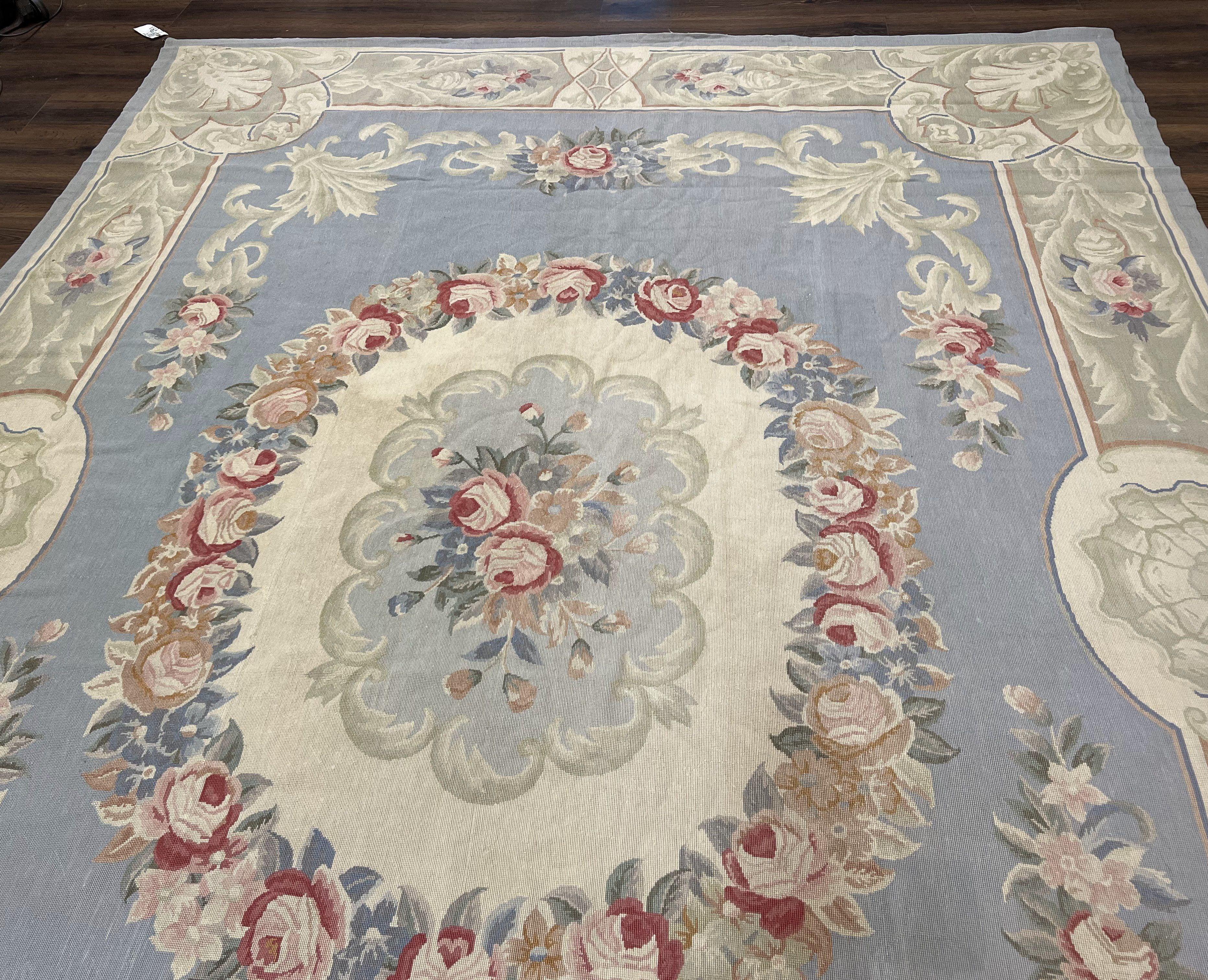 Aubusson Needlepoint Rug 8' 6" x 11' 6", Elegant French Aubusson Design Carpet, Vintage Savonnerie Flatpile Wool Floral Rug Light Blue Beige - Jewel Rugs