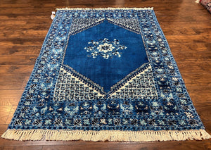 Vintage Moroccan Rug 5.6 x 7.6, Blue and Ivory Area Rug, Hand-Knotted Oriental Carpet, Geometric Medallion Open Field, Soft Wool Rug, Nice - Jewel Rugs