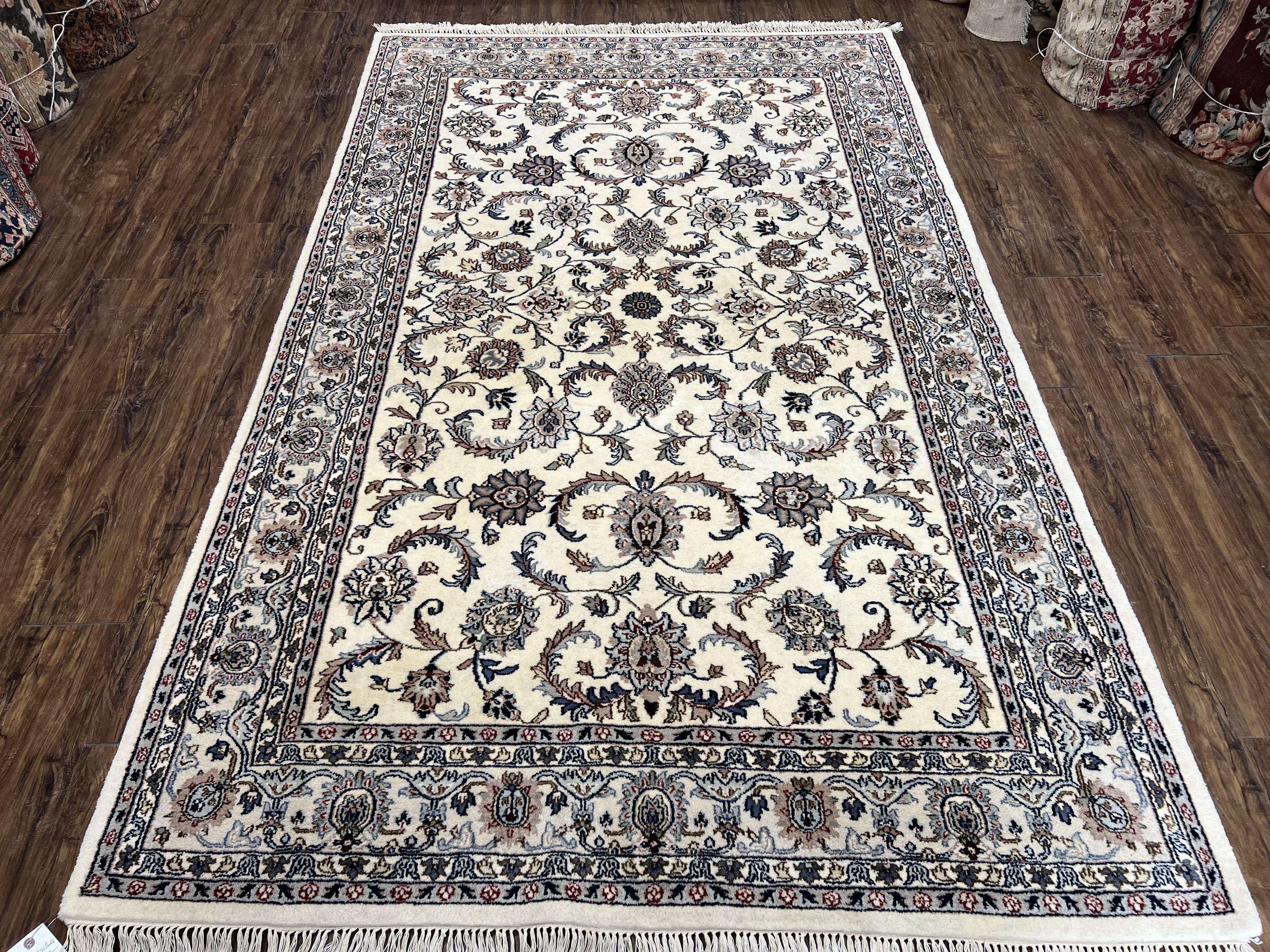 Indian Rug 5.7 x 9, Vintage Oriental Carpet, Handmade Hand Knotted Wool Rug, Living Room Rug, Bedroom Rug, Ivory and Gray, Allover Floral - Jewel Rugs