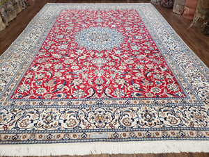 Persian Nain Rug, Lachak Toranj Design, Wool with Silk Highlights, Red Ivory and Light Blue, Hand-Knotted, 8'3" x 11'9" - Jewel Rugs