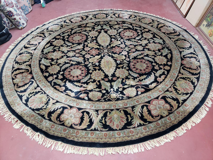 10ft Round Hand-Knotted Wool Rug, Large Round Oriental Carpet, 10x10 Indo-Mahal Rug, Traditional Design, Black & Beige Round Rug, Indian Rug - Jewel Rugs