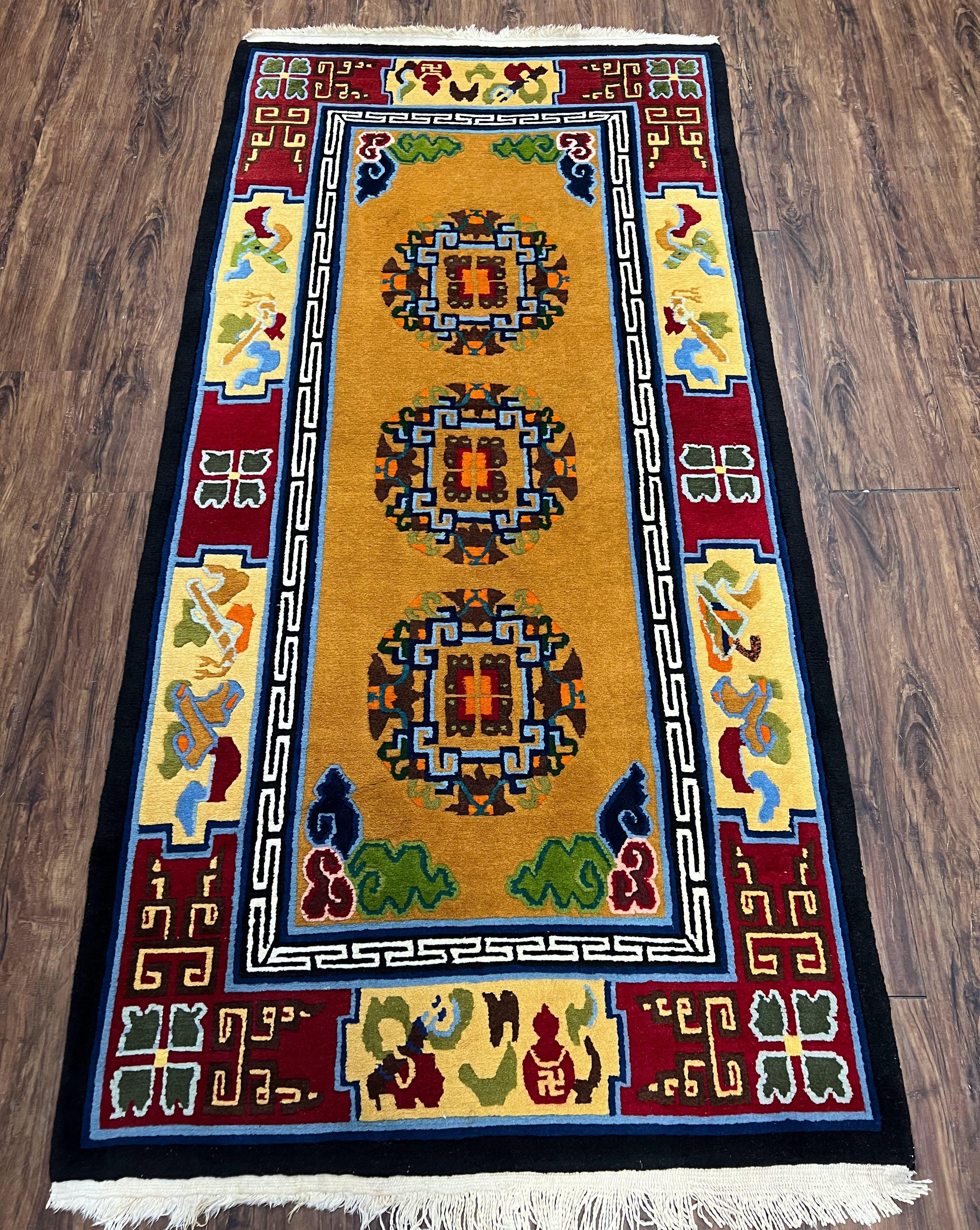 Vintage Chinese Art Deco Rug 3x6, Orange Dark Blue Maroon Chinese Peking Carpet, Asian Oriental Wool Rug, Bold Colors, Bedroom Rug, Hallway - Jewel Rugs