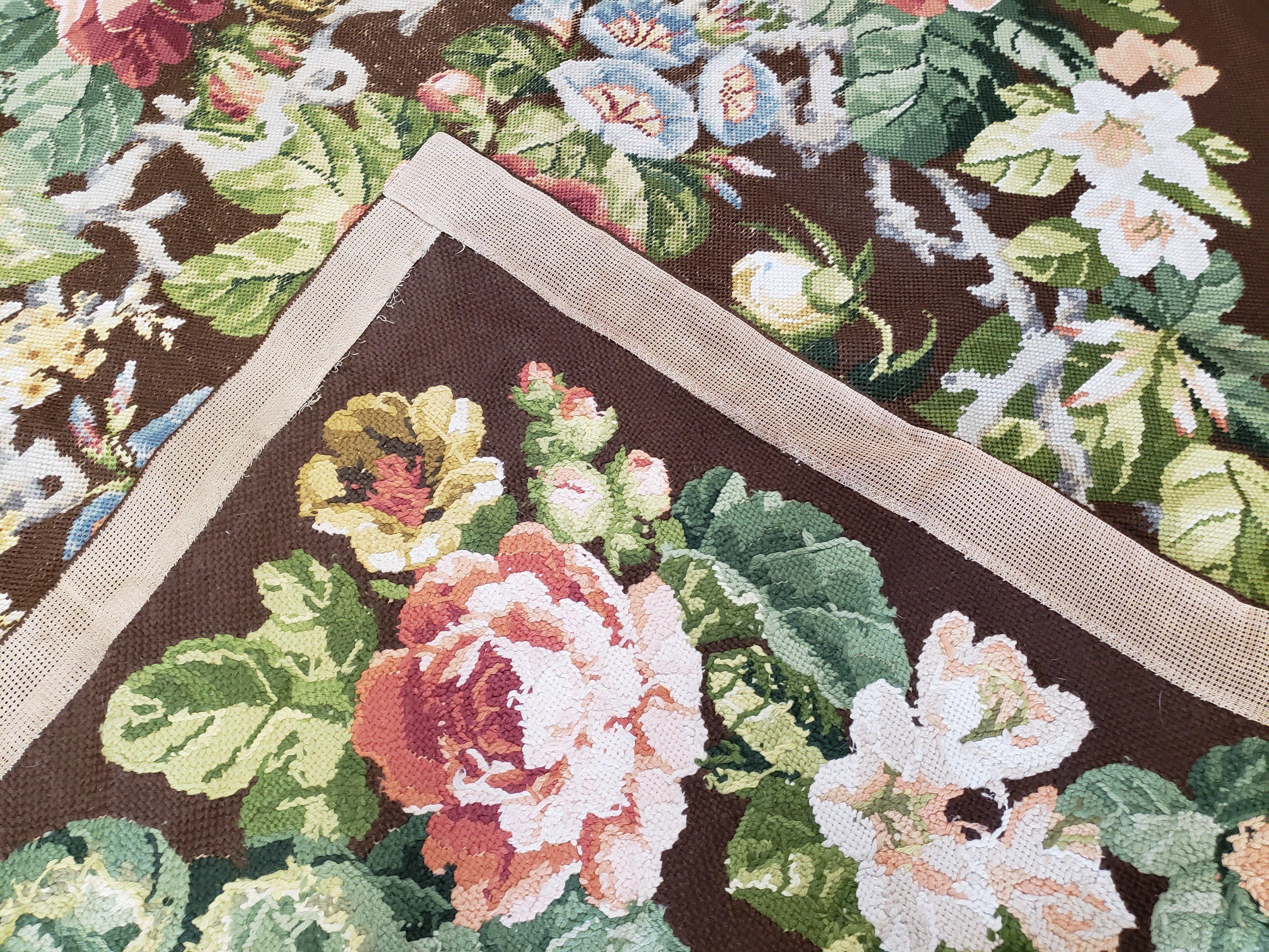 Floral Needlepoint Rug, Medium Rug, Vintage Area Rug, Handmade Flat Weave Rug, Dark Brown Rug, Multicolor Large Colorful Flowers, 5x8 - 6x8 - Jewel Rugs