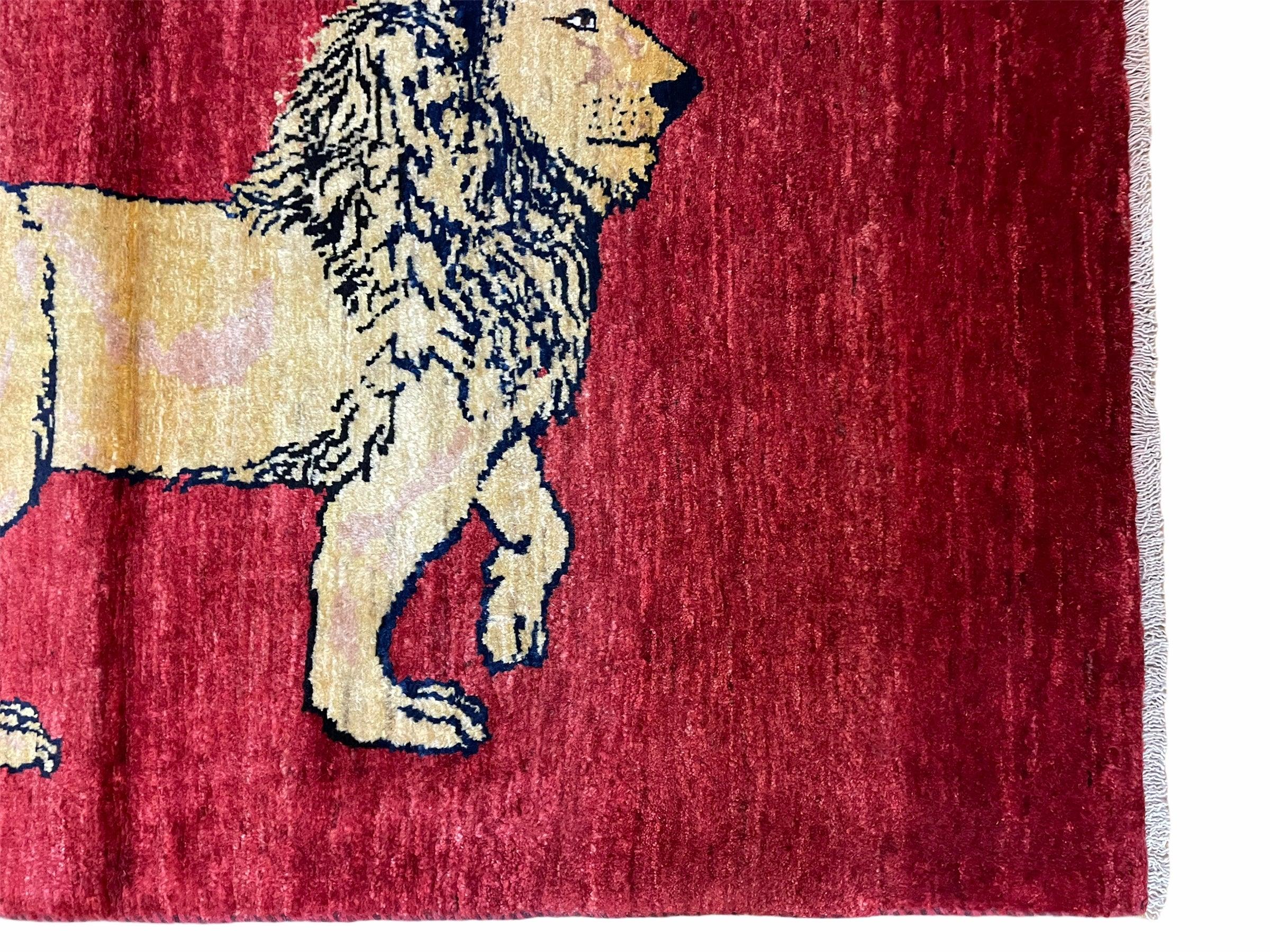 3 X 5 Handmade Hand-Knotted Quality Wool Rug New Vintage Lion Red Pictorial - Jewel Rugs