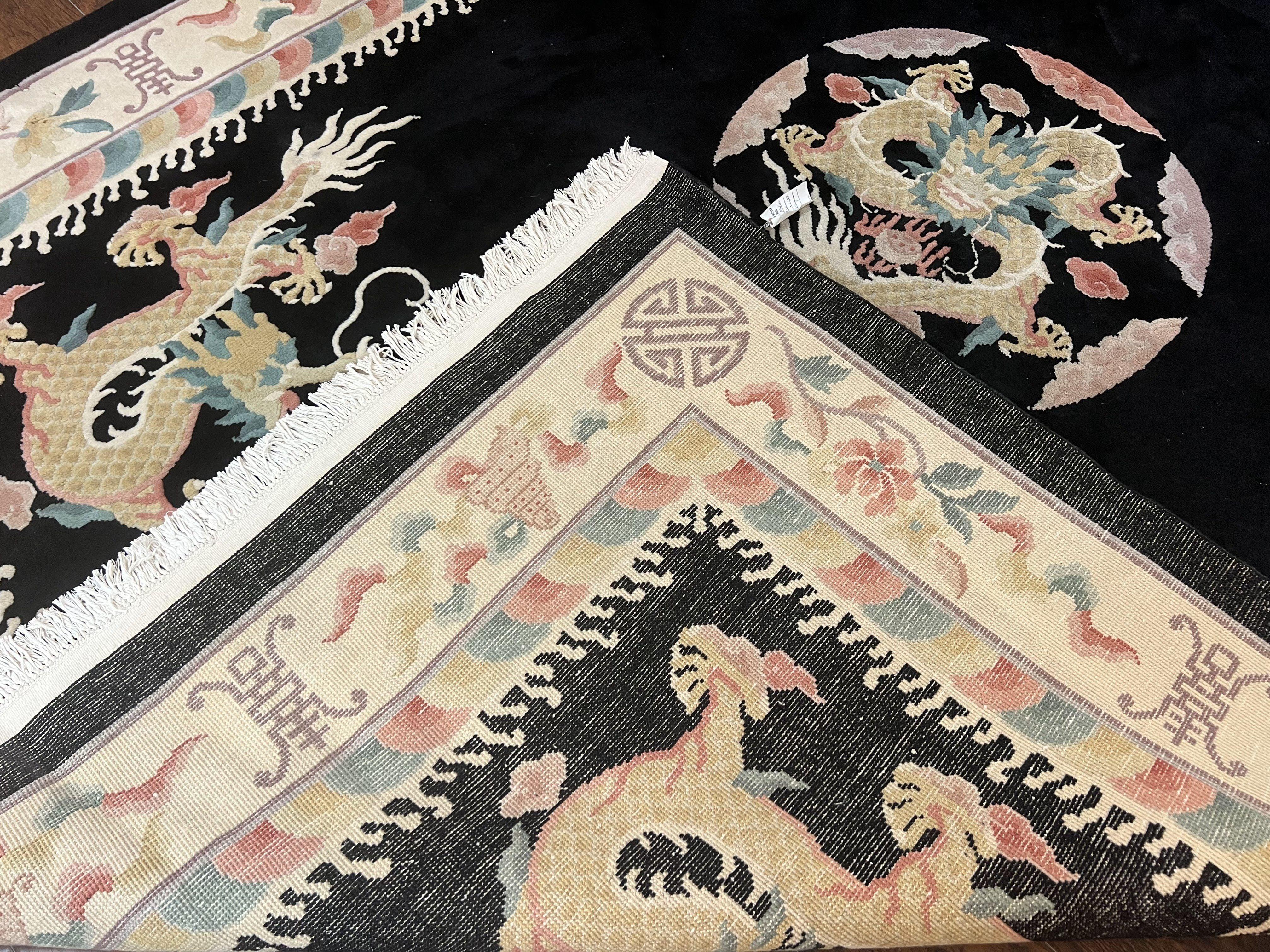 Chinese Wool Rug 8x11, Dragon Medallion and Dragon Corners, Black and Beige, Soft Wool, Asian Oriental Art Deco Carpet, Hand Knotted 90 Line - Jewel Rugs