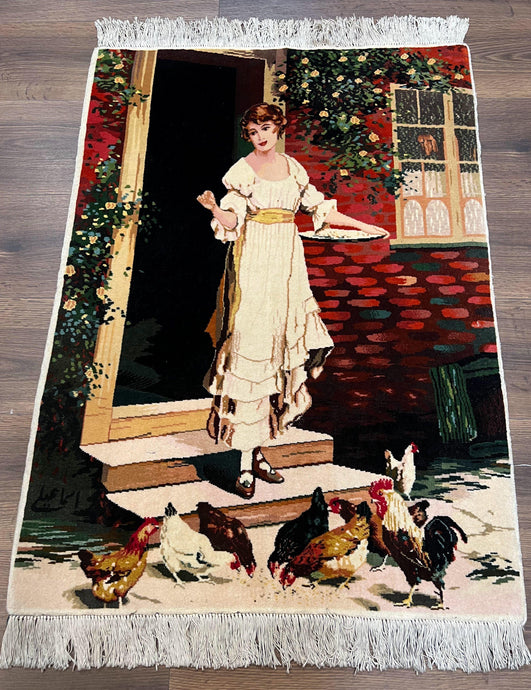 Persian Tabriz Pictorial Rug 2x3, Fine High KPSI Pictorial Carpet, Lady in Front of Home with Chickens 2 x 3 ft Oriental Rug Vintage Handmade Wool - Jewel Rugs