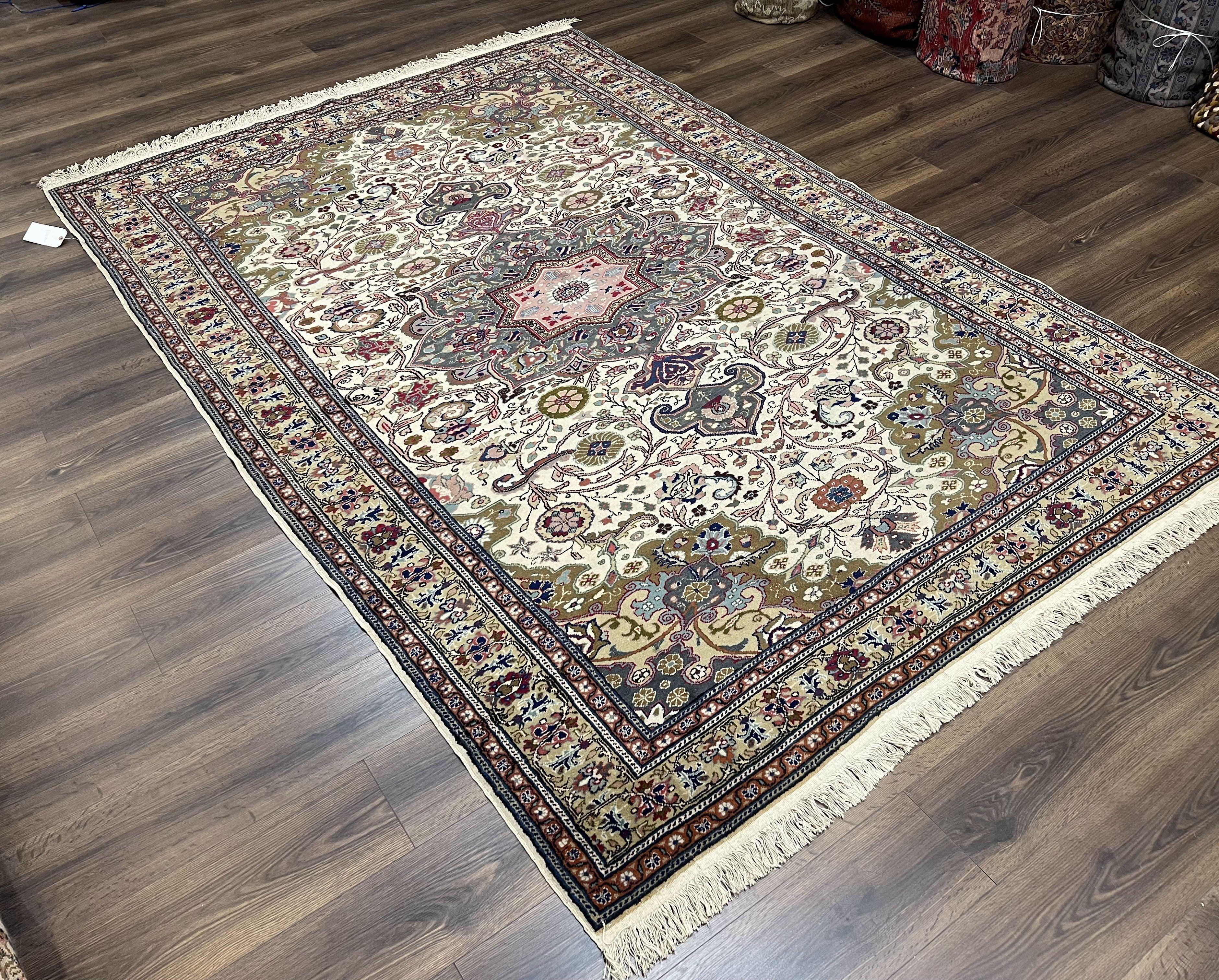 Turkish Sivas Rug 7x9, Vintage Wool Hand-Knotted Carpet, Ivory Cream Purple Tan, Floral Medallion Rug, Fine Oriental Carpet, Medium Size Rug - Jewel Rugs
