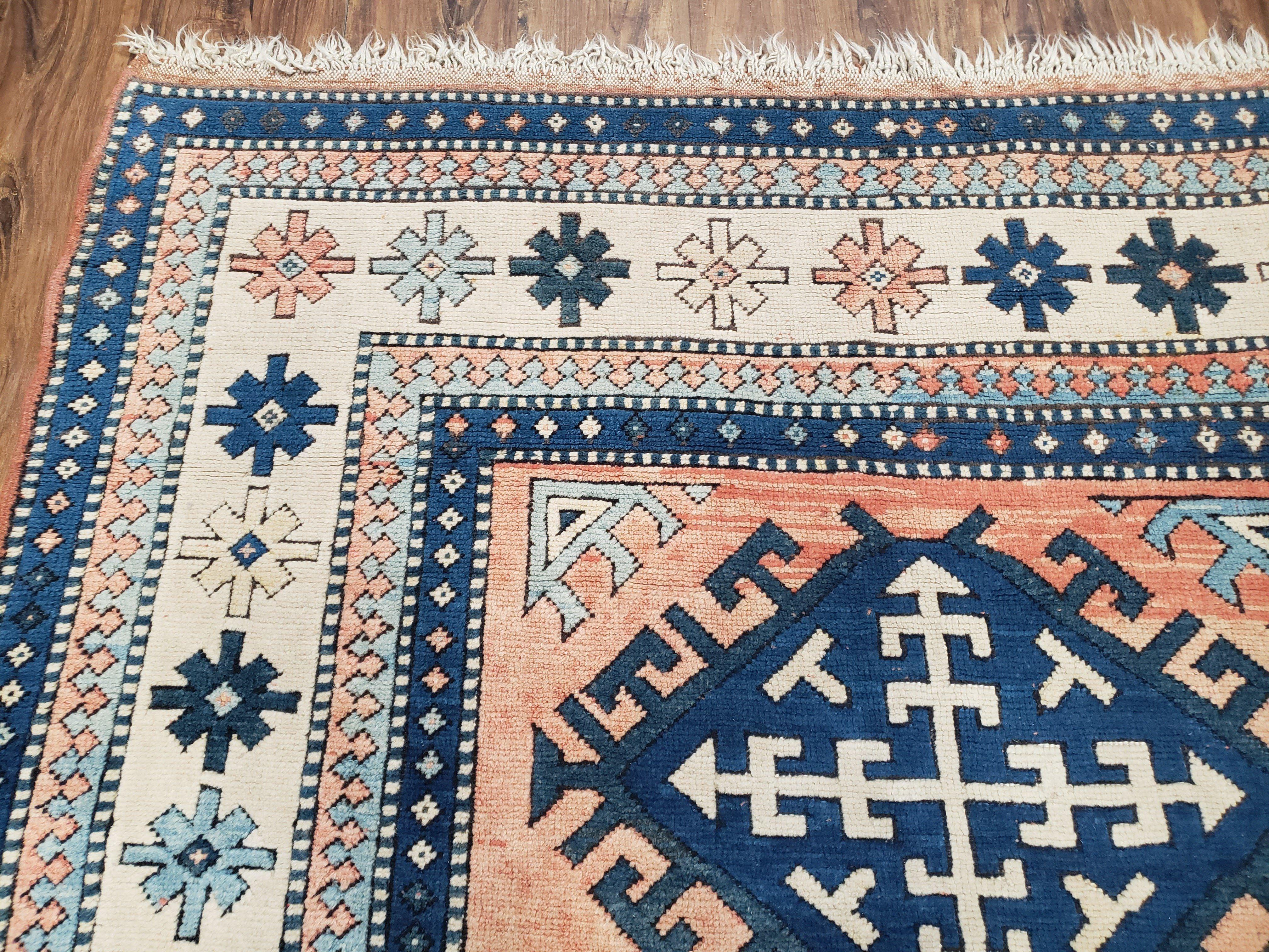 Turkish Kazak Rug 5x8 ft, Bold Geometric Bohemian Carpet, Blue and Ivory Hand Knotted Area Rug, Medium Sized High Quality Wool Oriental Rug - Jewel Rugs