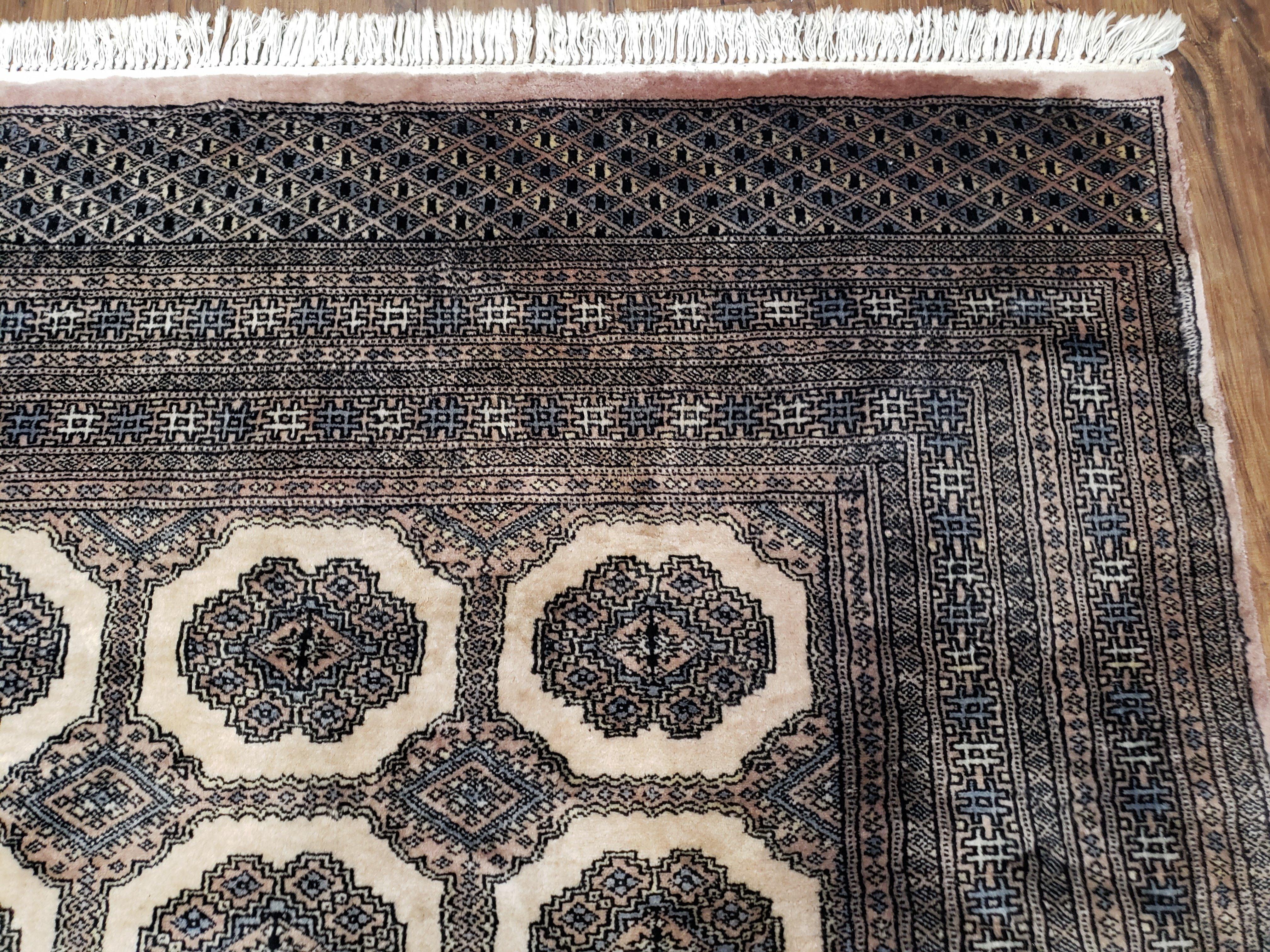 Vintage Pakistani Bokhara Rug, 7x9 - 7x10 Handmade Area Rug, Fine Turkoman Rug, Ivory Taupe Black, Bukhara Rug, Nice Wool, Living Room Rug - Jewel Rugs