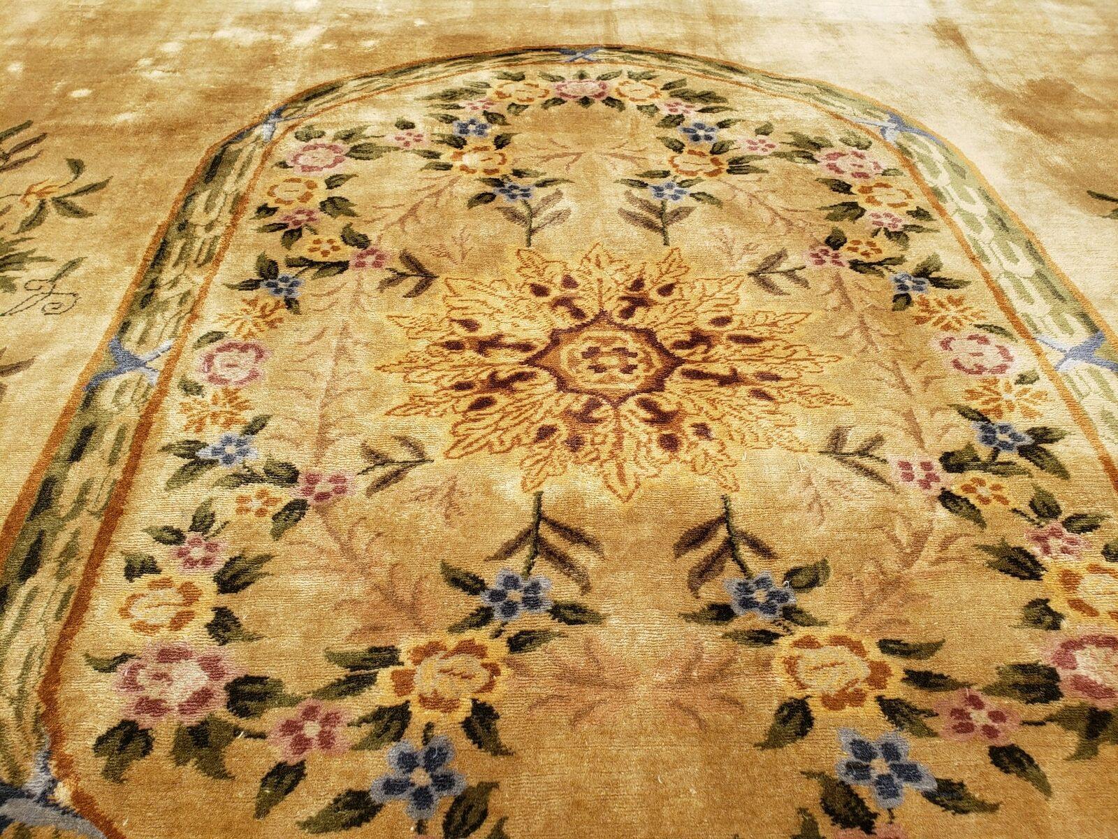 14' X 24' Aubusson Design Wool Rug Gold Palace Size Rug with Flowers and Vases - Jewel Rugs