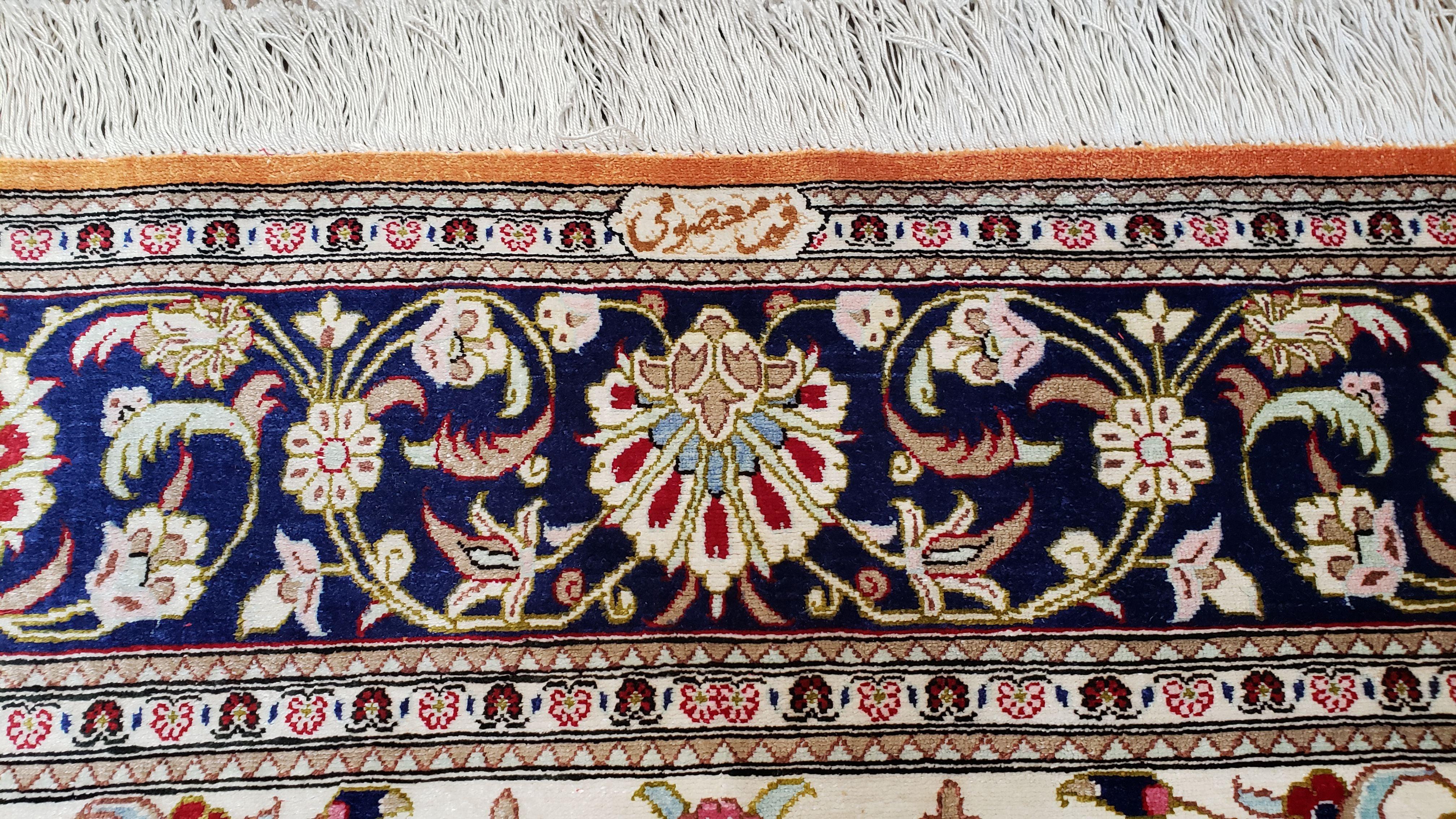 Vintage Persian Qum Silk Rug 4.6 x 6.7, Burnt Orange and Navy Blue, Antique Oriental Very Fine Signature Master Weaver 350+ KPSI Ghom Qom 5x7 Rug - Jewel Rugs