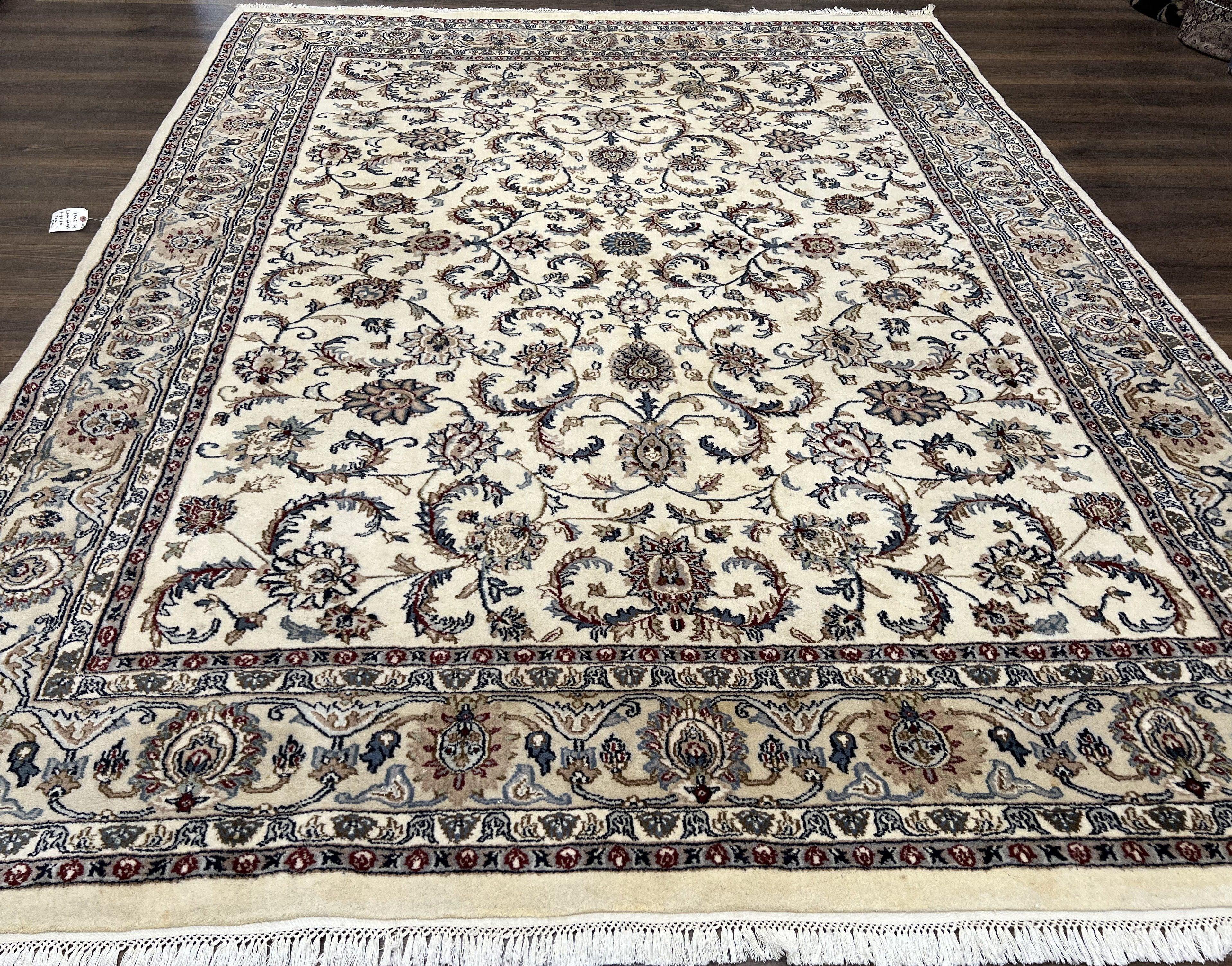 Indo Persian Area Rug 8x10, Wool Rug, Indian Oriental Carpet 8 x 10, Hand-Knotted Vintage Rug, Floral Allover, Ivory Light Gray Taupe Teal - Jewel Rugs