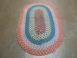 3' X 5' Vintage Handmade American Braided Wool Rug Oval Pink Blue Nice - Jewel Rugs