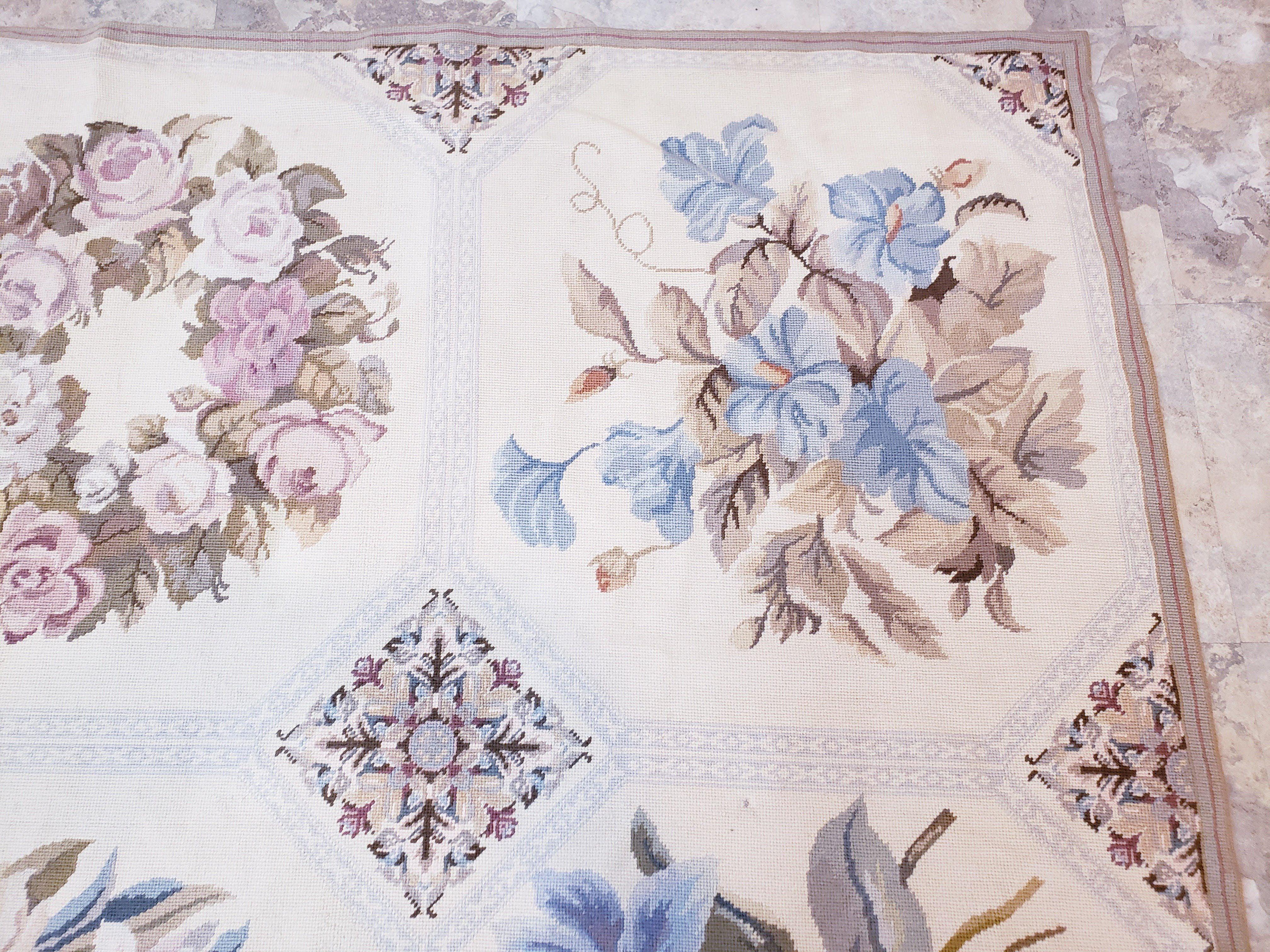 Needlepoint Rug 10x13 Vintage Carpet, Floral Panel Design, Beige, Multicolor Flowers, Handmade Hand Woven, Flatweave, No Pile, Wool - Jewel Rugs