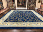 Vintage Spanish Portuguese Area Rug 10x12, Almost Square Size, Navy Blue - Gold - Cream, Floral European Design, Soft Wool Carpet Handmade - Jewel Rugs