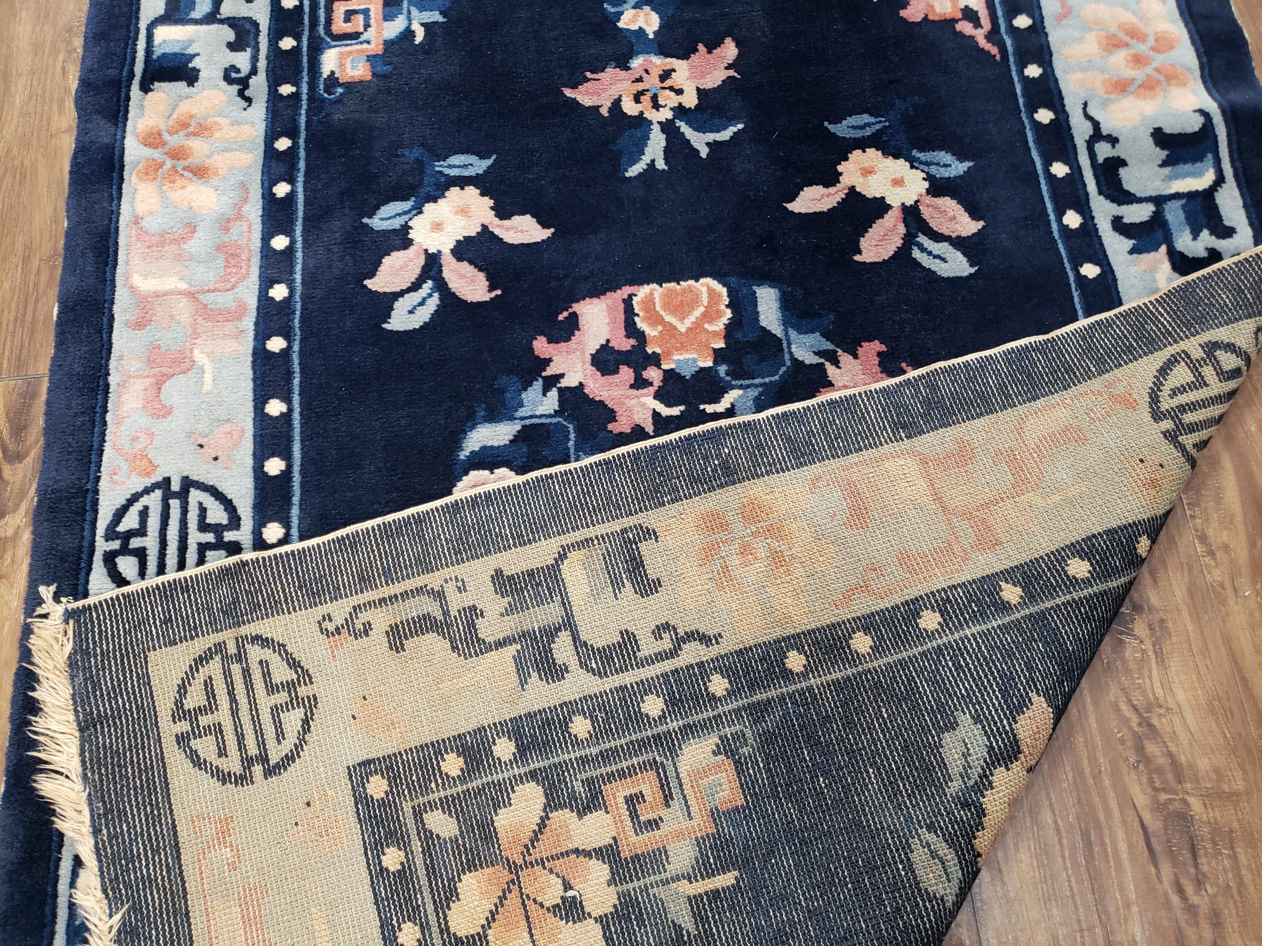 Antique Blue Chinese Peking Rug 3x5, Wool Hand-Knotted Chinese Art Deco Asian Carpet, 3 x 5 Small Entryway Rug, Dark Blue & Beige, Handmade - Jewel Rugs