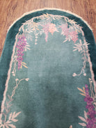 Oval Chinese Peking Rug, Teal Chinese Rug, Antique Art Deco Rug, Nichols Rug Oval, 3' x 5' 9", Teal and Green with Flowers, Wool, Handmade - Jewel Rugs