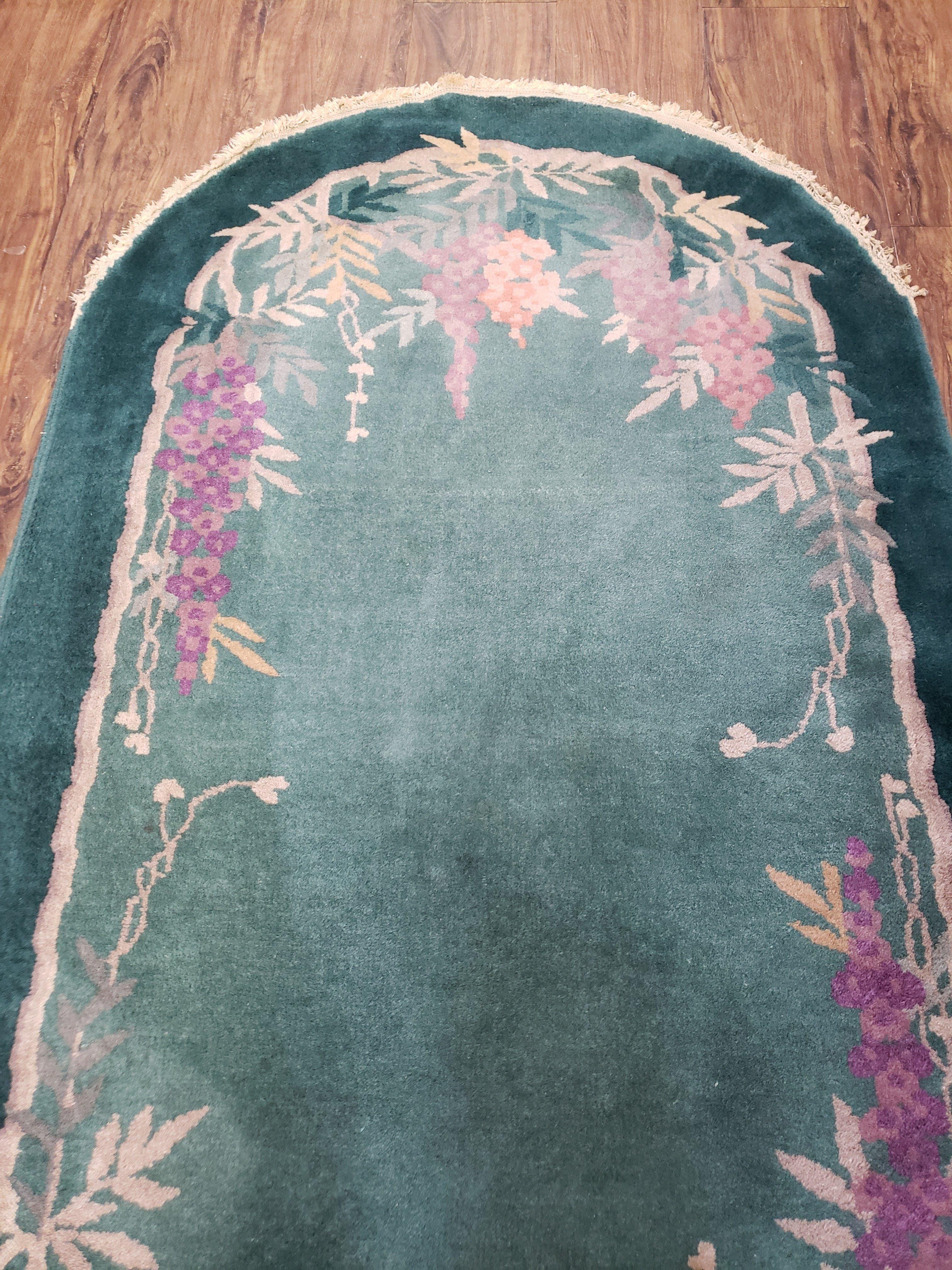 Oval Chinese Peking Rug, Teal Chinese Rug, Antique Art Deco Rug, Nichols Rug Oval, 3' x 5' 9", Teal and Green with Flowers, Wool, Handmade - Jewel Rugs