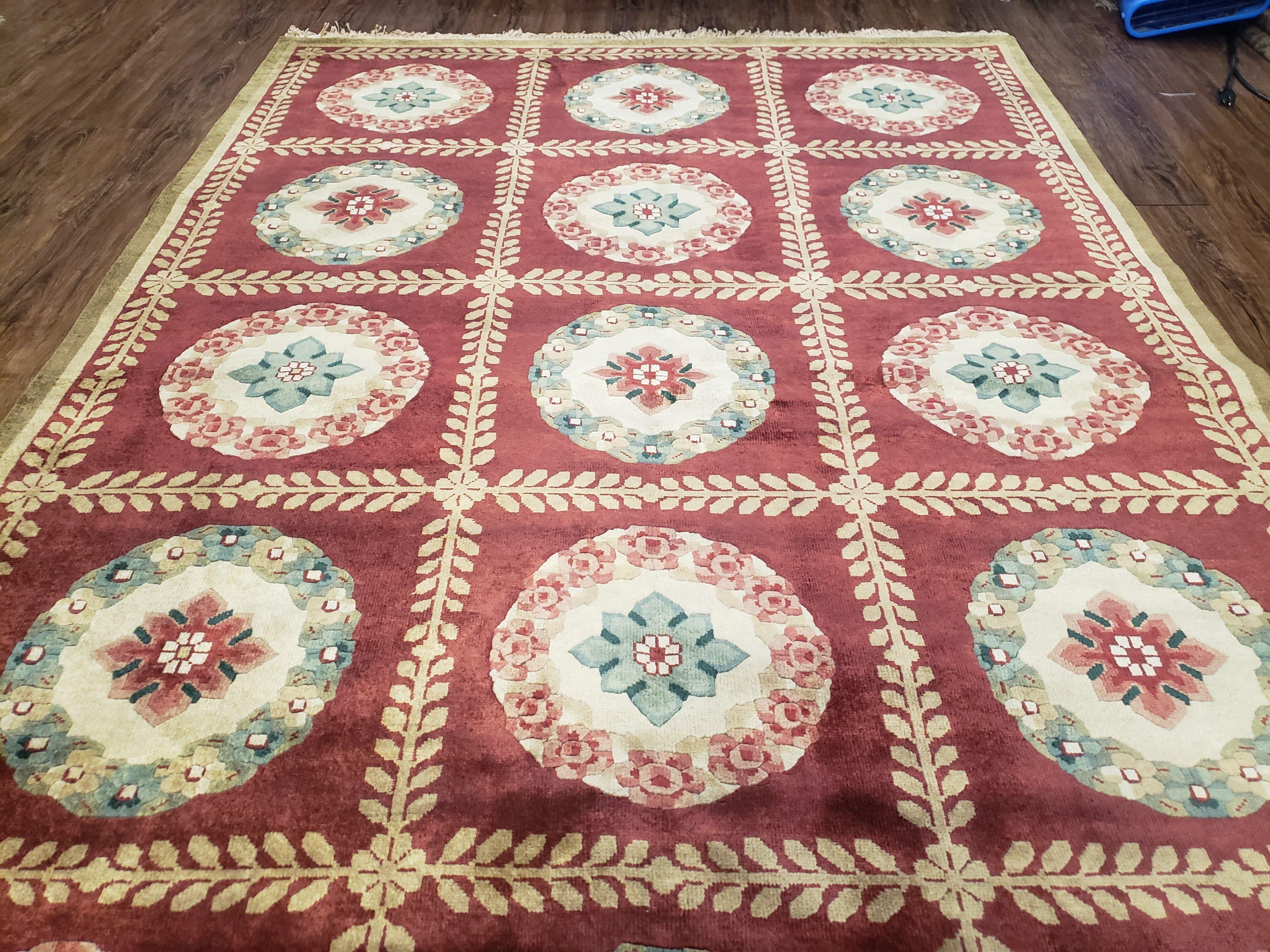 Nepalese Aubusson Panel Rug 6x9, Red & Ivory Soft Plush Tibetan Pile Rug, Wool Hand-Knotted Carpet, 6 x 9 Elegant Area Rug, Office Room Rug - Jewel Rugs