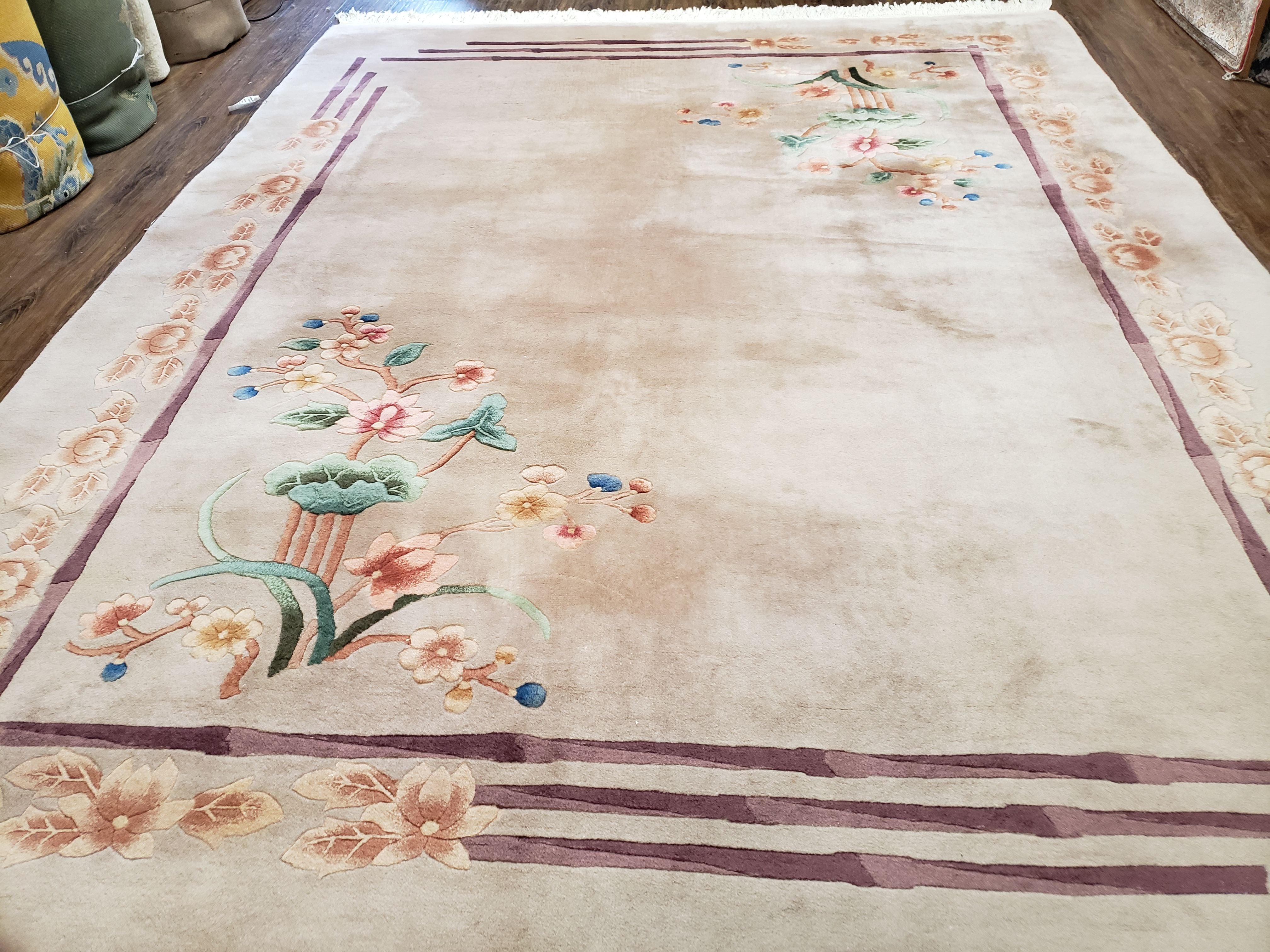 Vintage Chinese Carving Rug 8x10, Flowers, Minimal Design, Open Field, Beige, Soft Wool, Thick Pile, Hand-Knotted Area Rug, Chinese Carpet - Jewel Rugs