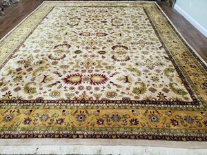 10' X 13' Vintage Hand-Knotted Made India Agra Wool Rug Vegetable Dye Ivory Gold - Jewel Rugs
