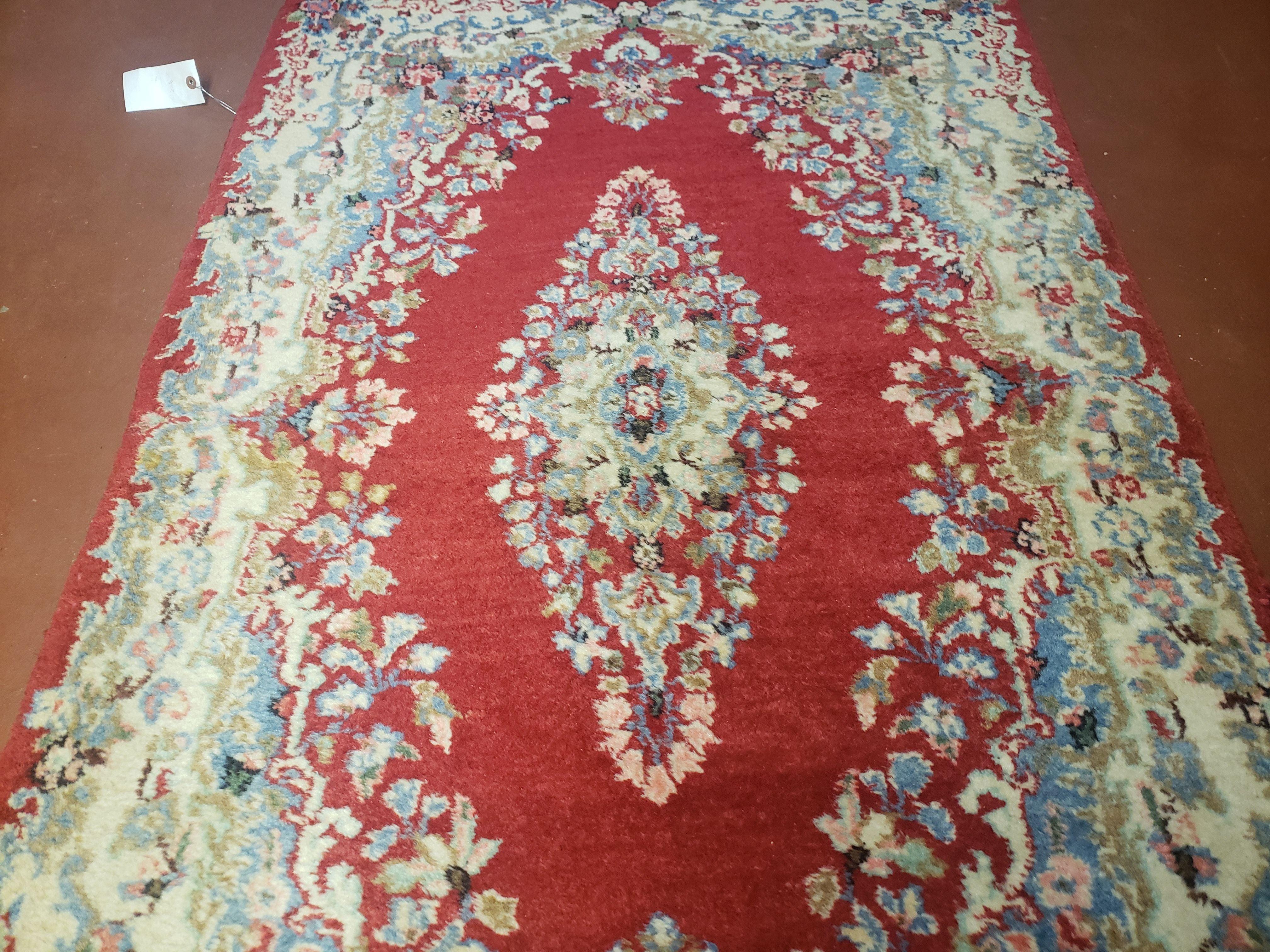 3x5 Persian Kirman Rug, Oriental Persian Carpet 3 x 5, Wool Vintage Hand-Knotted Rug, Floral Medallion, Open Field, Small Rug, Red Beige Light Blue - Jewel Rugs