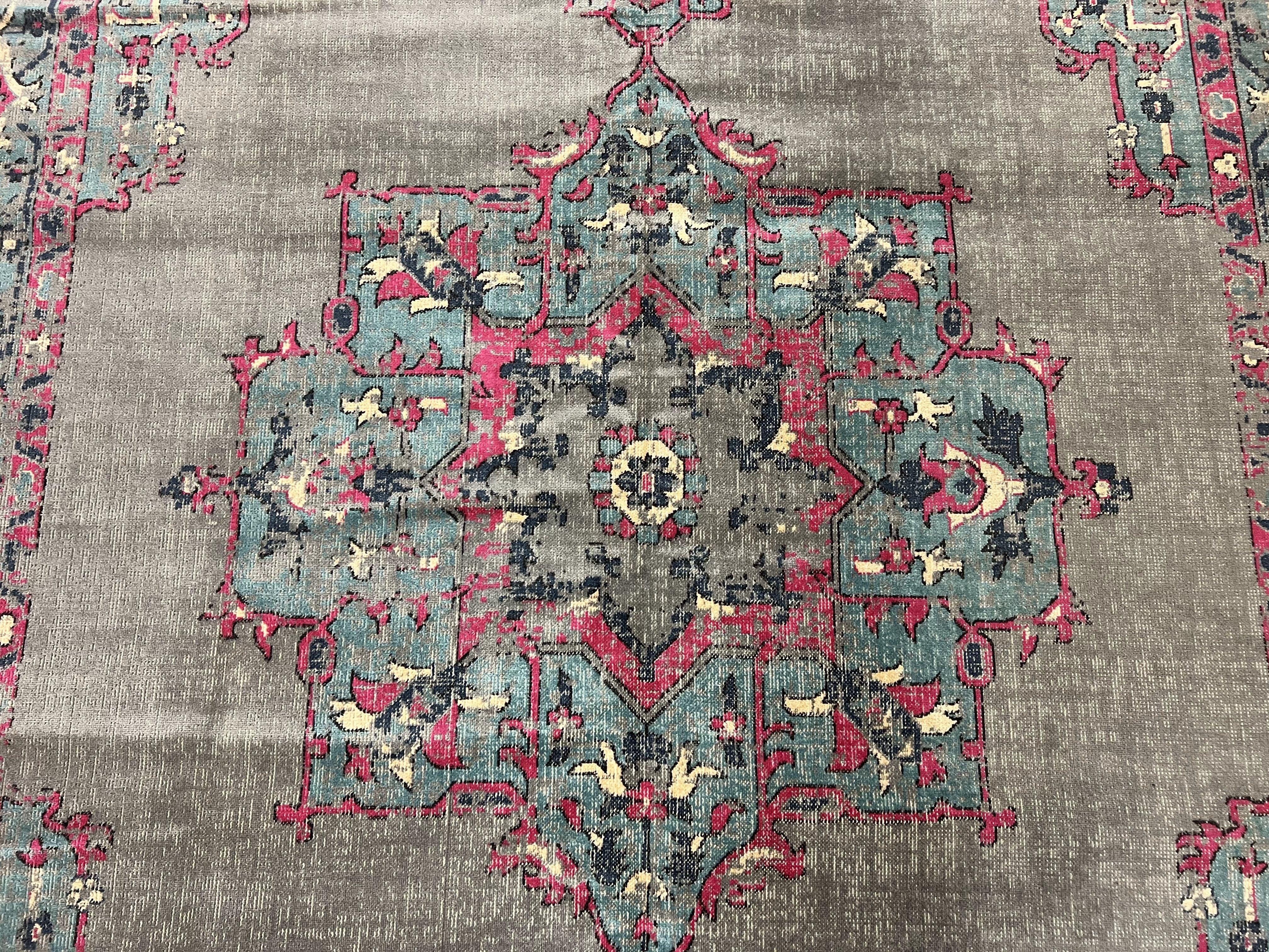 Safavieh Artison Rug 9x12, Turkish Power Loomed Carpet 9 x 12 ft, Antique Heriz Look, Light Gray Light Blue Hot Pink, Medallion Rug - Jewel Rugs