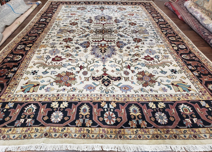 Large Indo Heriz Rug, Decorative Geometric Room Sized Oriental Carpet, Large Tribal Rug, Ivory, Hand Knotted Wool Vintage, Allover Pattern - Jewel Rugs