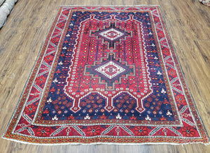 Antique Persian Shiraz Tribal Rug, Afshar Design, Double Medallion, Hand-Knotted, Red and Navy Blue, Wool, 5' 1" x 6' 8" - Jewel Rugs