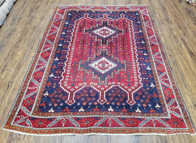 Antique Persian Shiraz Tribal Rug, Afshar Design, Double Medallion, Hand-Knotted, Red and Navy Blue, Wool, 5' 1