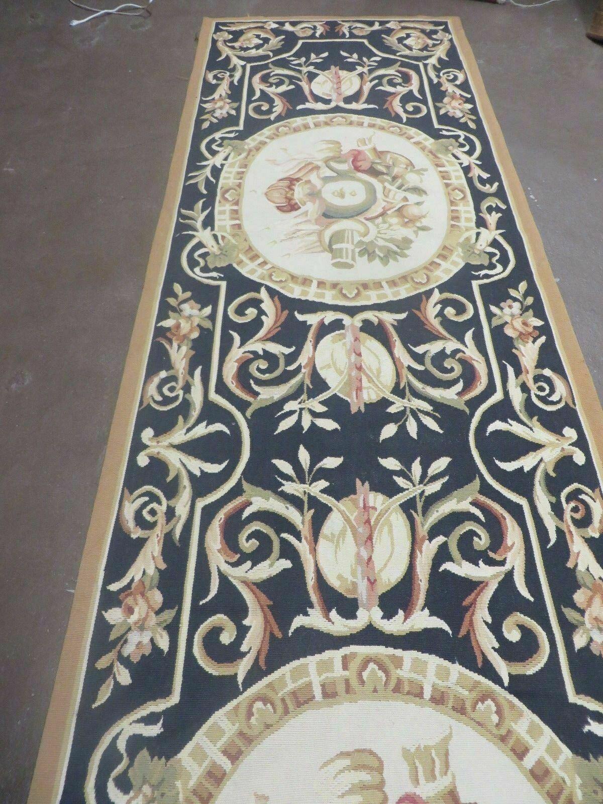 2' 7" X 14' Handmade French Garden Aubusson Needlepoint Rug Flat Weave Runner Black and Beige - Jewel Rugs