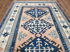 Turkish Kazak Rug 5x8 ft, Bold Geometric Bohemian Carpet, Blue and Ivory Hand Knotted Area Rug, Medium Sized High Quality Wool Oriental Rug - Jewel Rugs