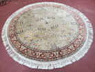 Vintage Pak Persian 6ft Round Area Rug, Wool Hand-Knotted Ivory & Golden Lines Colorful Haji Jalili Design Pakistani Carpet, 6x6 Round Rug - Jewel Rugs