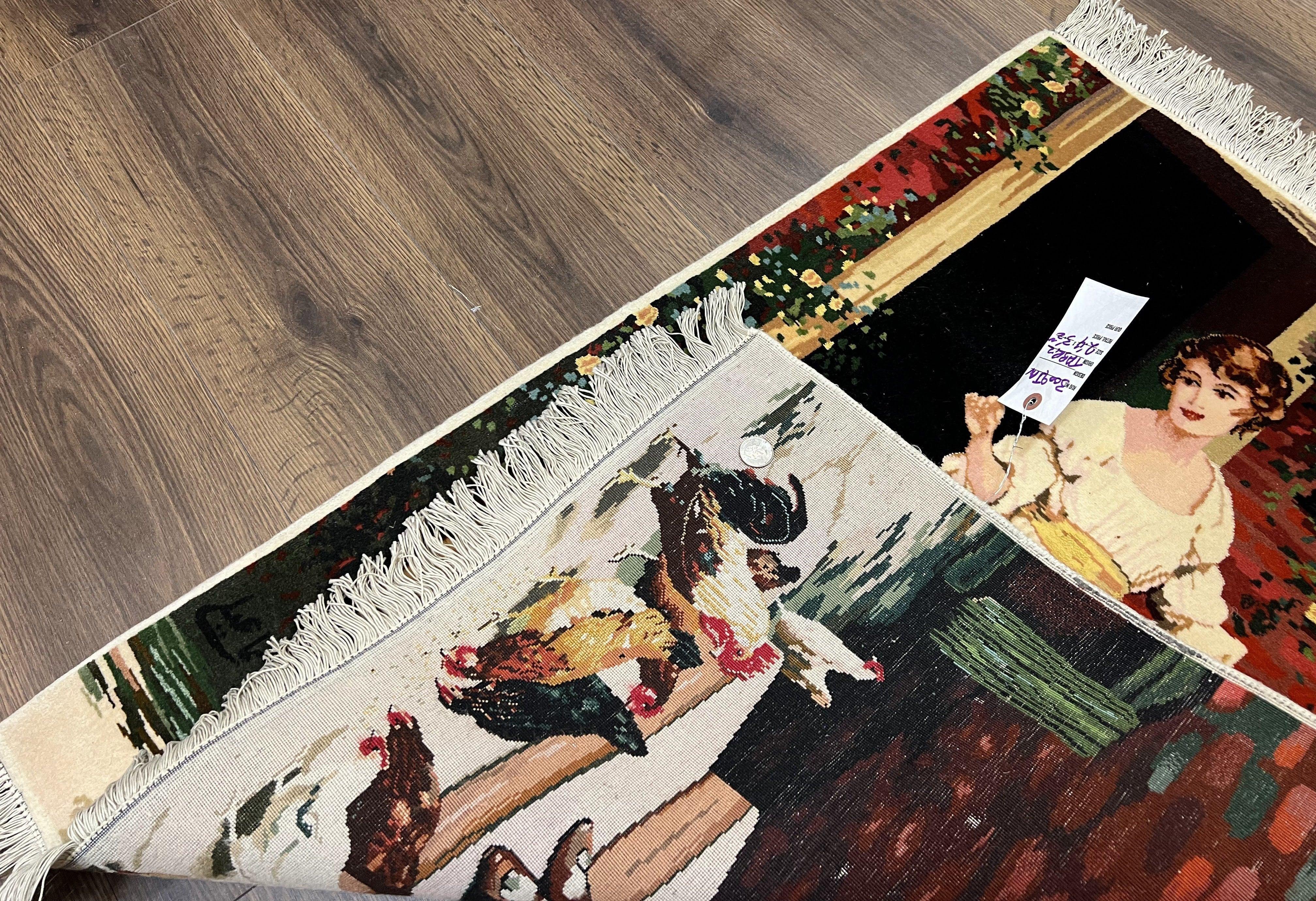 Persian Tabriz Pictorial Rug 2x3, Fine High KPSI Pictorial Carpet, Lady in Front of Home with Chickens 2 x 3 ft Oriental Rug Vintage Handmade Wool - Jewel Rugs
