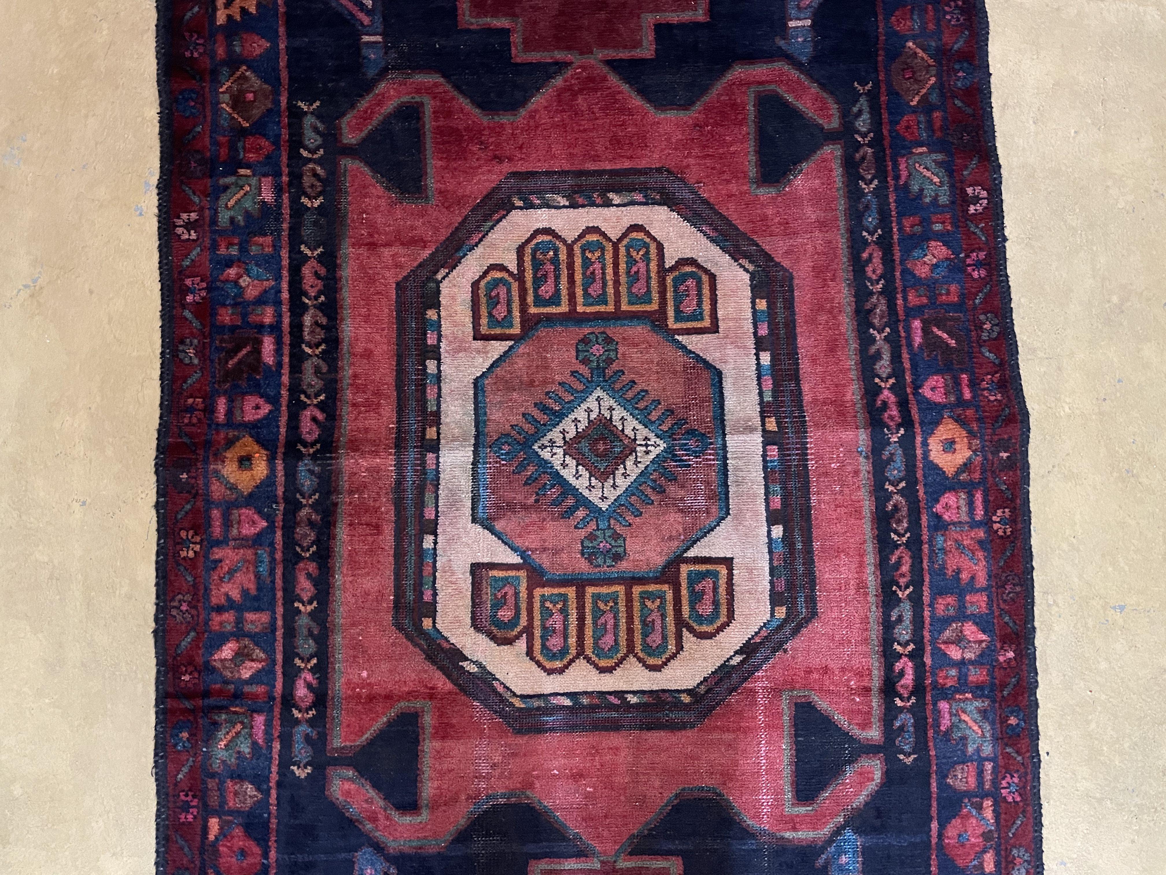 Persian Runner Rug 3.8 x 10, Persian Hamadan Nahavand Runner, Karabagh Design, Antique Wool Tribal Runner, Geometric Medallions, Handmade Hand Knotted Wide Runner, Navy Blue Red, Birds - Jewel Rugs