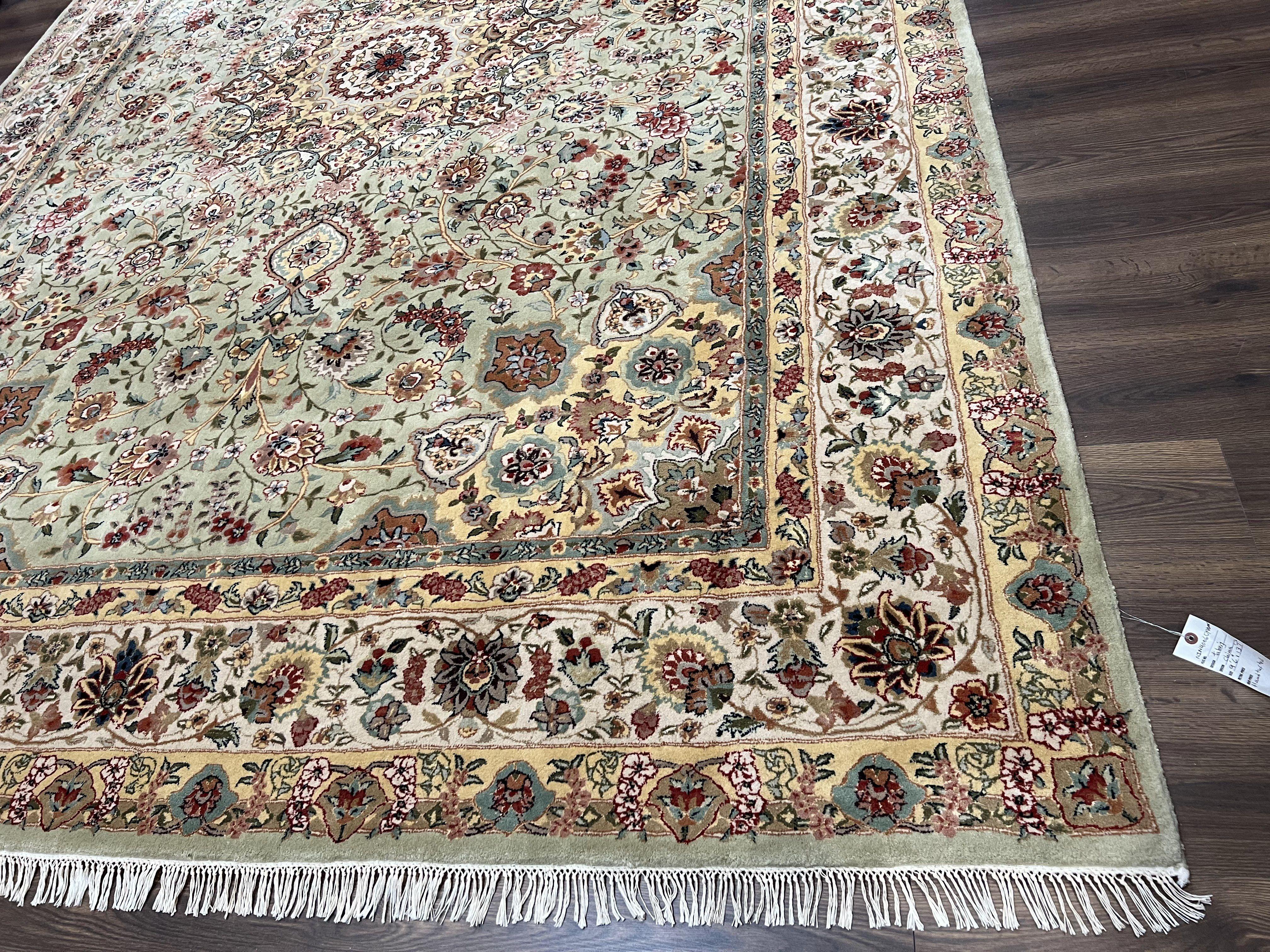 Large Oriental Rug 10x14, Persian Design Carpet 10 x 14, Vintage Hand-Tufted Wool Rug, Floral Medallion, Pastel Green Ivory Light Yellow - Jewel Rugs