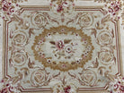 Aubusson Needlepoint Rug 4x5 ft, Beige and Tan, Aubusson Savonnerie Vintage Carpet, Handwoven Handmade Wool Rug, European Design Floral Rose - Jewel Rugs