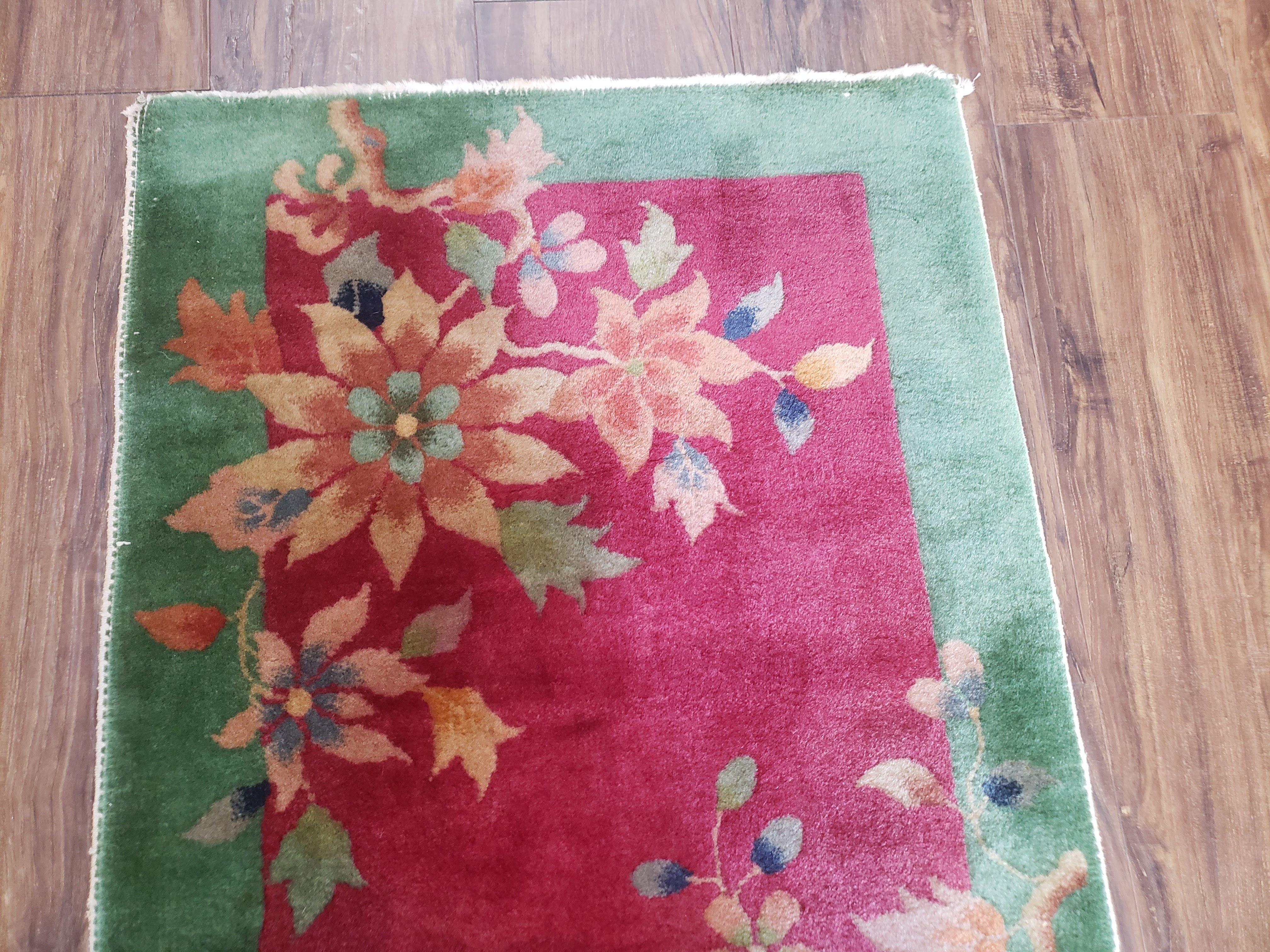 Small Nichols Rug 2x3, Chinese Nichols Rug, Antique Nichols Rug, Chinese Art Deco Accent Rug, Pinkish Red and Green, Flowers, Rare, Asian - Jewel Rugs