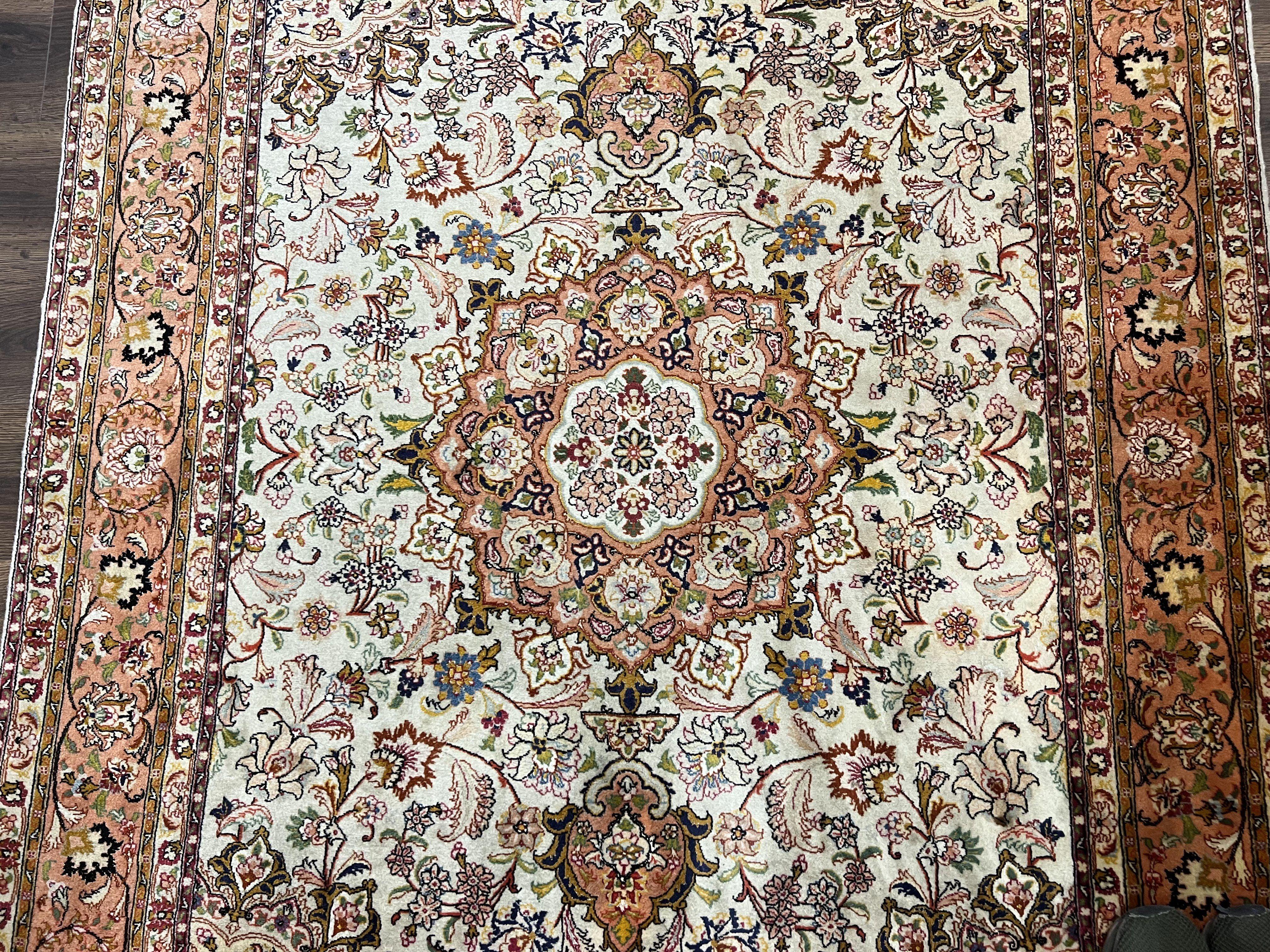 Stunning Persian Rug 5x7, Very Fine Authentic Persian Tabriz Carpet, 1960s Vintage Floral Medallion, Hand Knotted Wool Rug, Cream Salmon Gold - Jewel Rugs