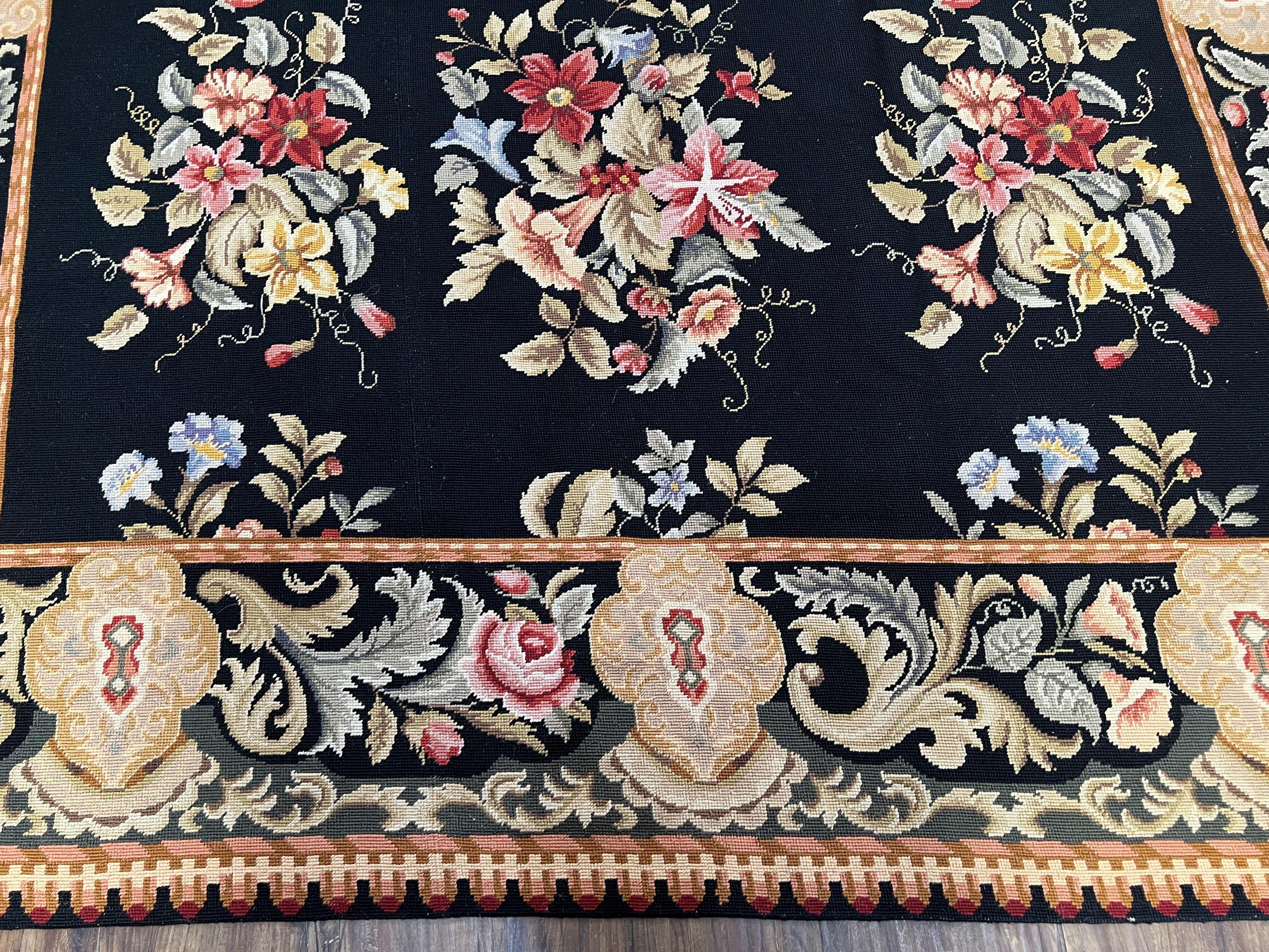 Vintage Chinese Needlepoint Rug 6x9, Floral Panel, Garden Design, European French English, Black with Multicolor Flowers, Wool Needlepoint - Jewel Rugs