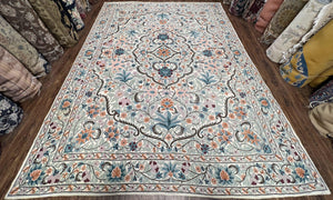 Chain Stitched Rug 9x12 Vintage Carpet 9 x 12 Flatweave Rug, Ivory Teal Rug, Area Rug 9 by 12, Hand Stitched Rug, Medallion, Indian Rug - Jewel Rugs