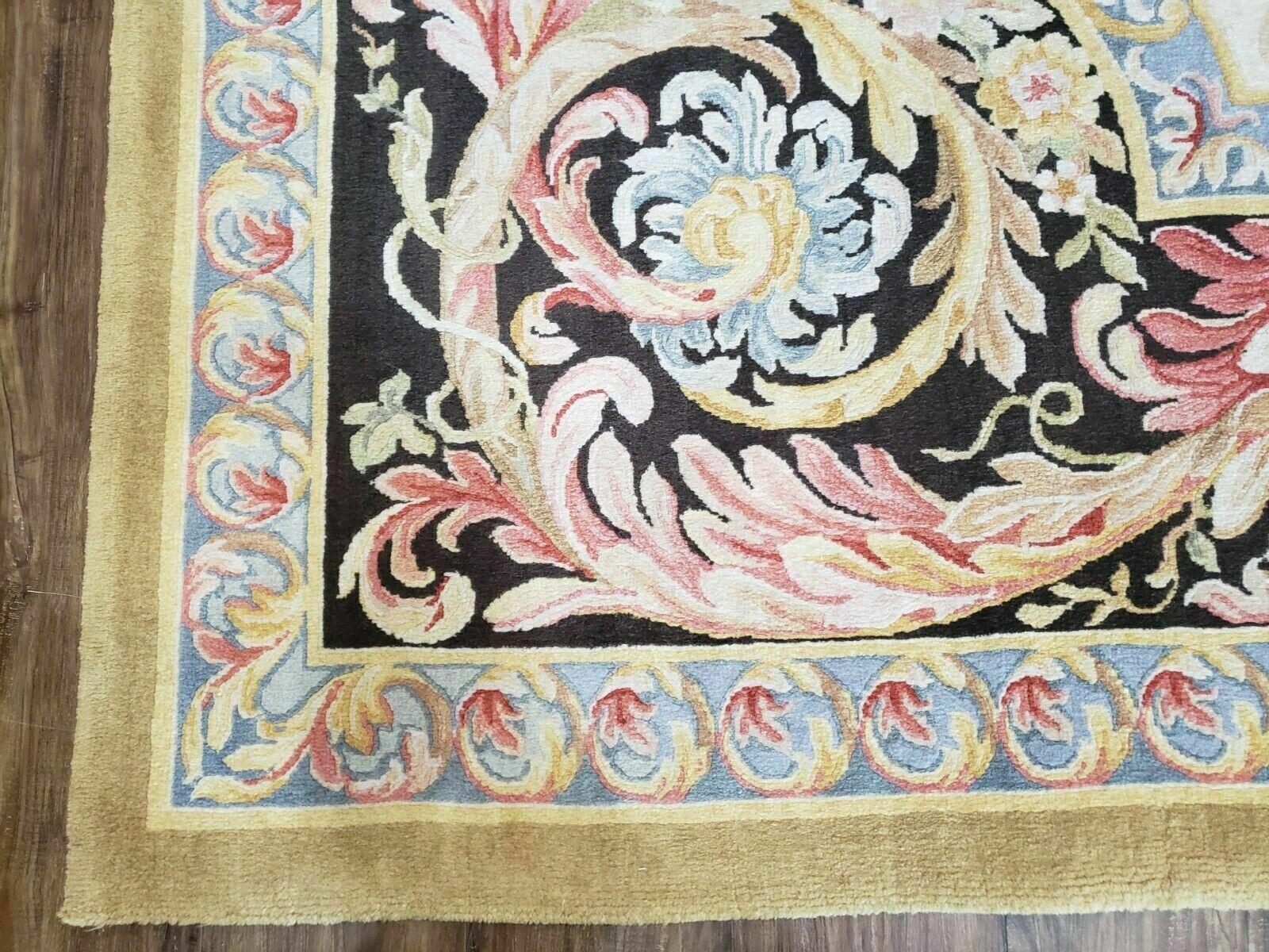 9' X 12' Vintage Chinese Handmade Wool Aubusson Savonnerie Rug Black Gold - Jewel Rugs