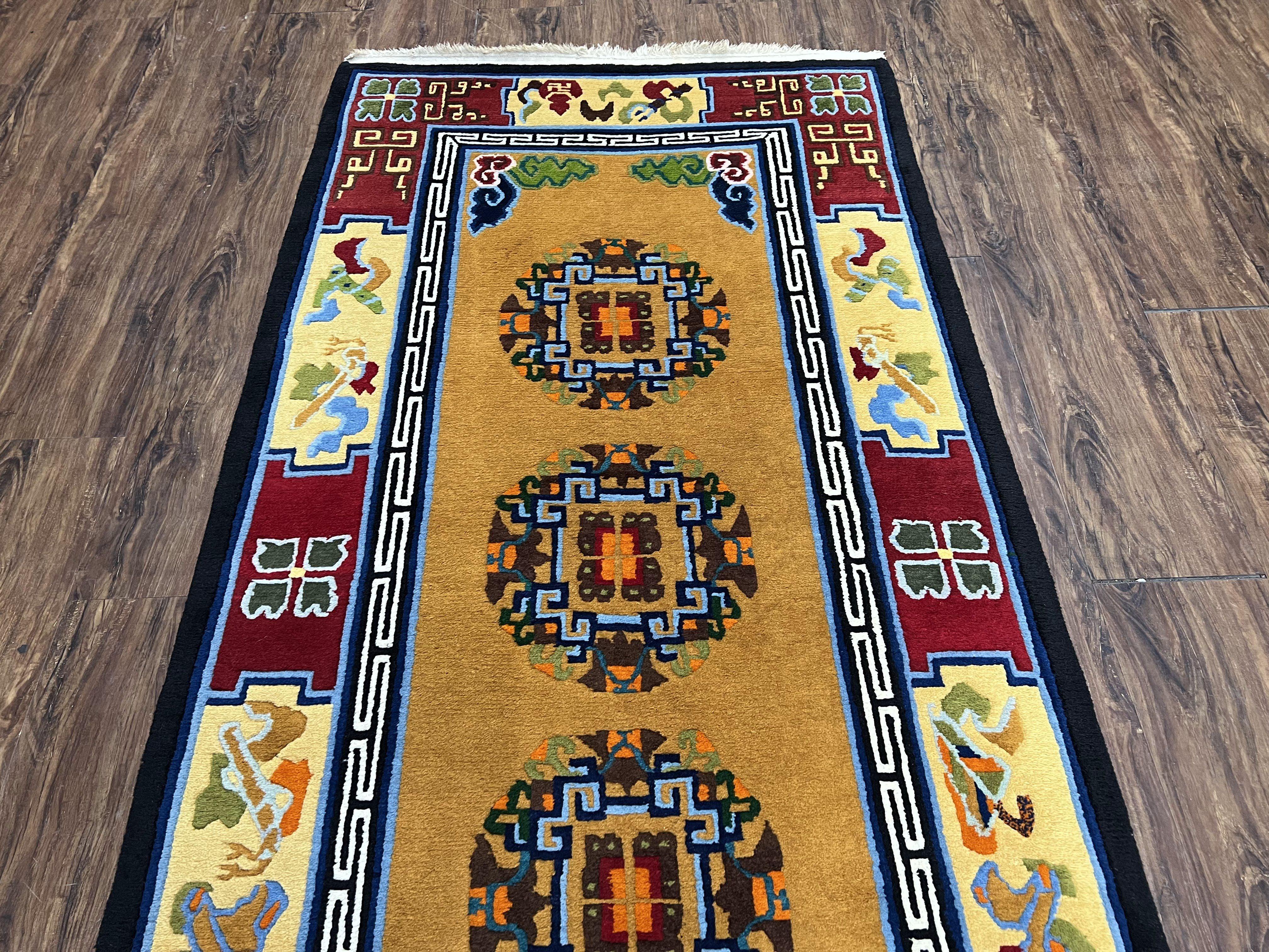 Vintage Chinese Art Deco Rug 3x6, Orange Dark Blue Maroon Chinese Peking Carpet, Asian Oriental Wool Rug, Bold Colors, Bedroom Rug, Hallway - Jewel Rugs