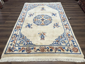 Vintage Chinese Carving Rug 6x9, Peking Carpet, Hand Knotted Wool Chinese Rug 6 x 9, Simple Design Chinese 90 Line Rug, Ivory Blue and Brown - Jewel Rugs